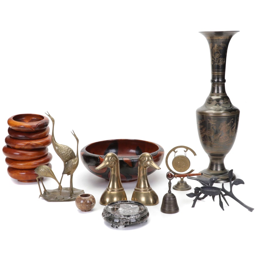 Etched Metal Vase, Brass Crane Sculpture, Duck Bookends, Salad Set and More