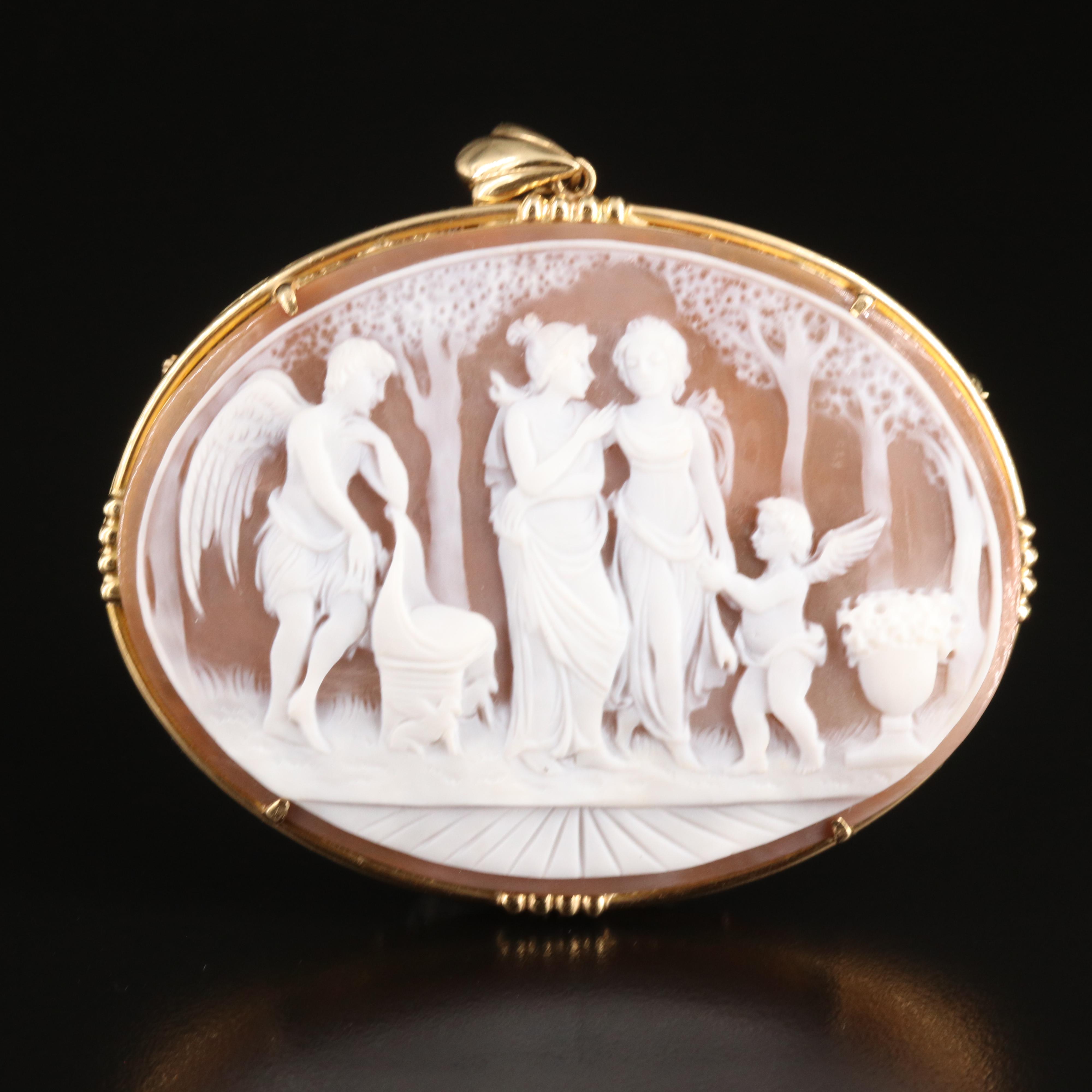 "The Judgement of Paris" 14K Shell Cameo Converter Brooch