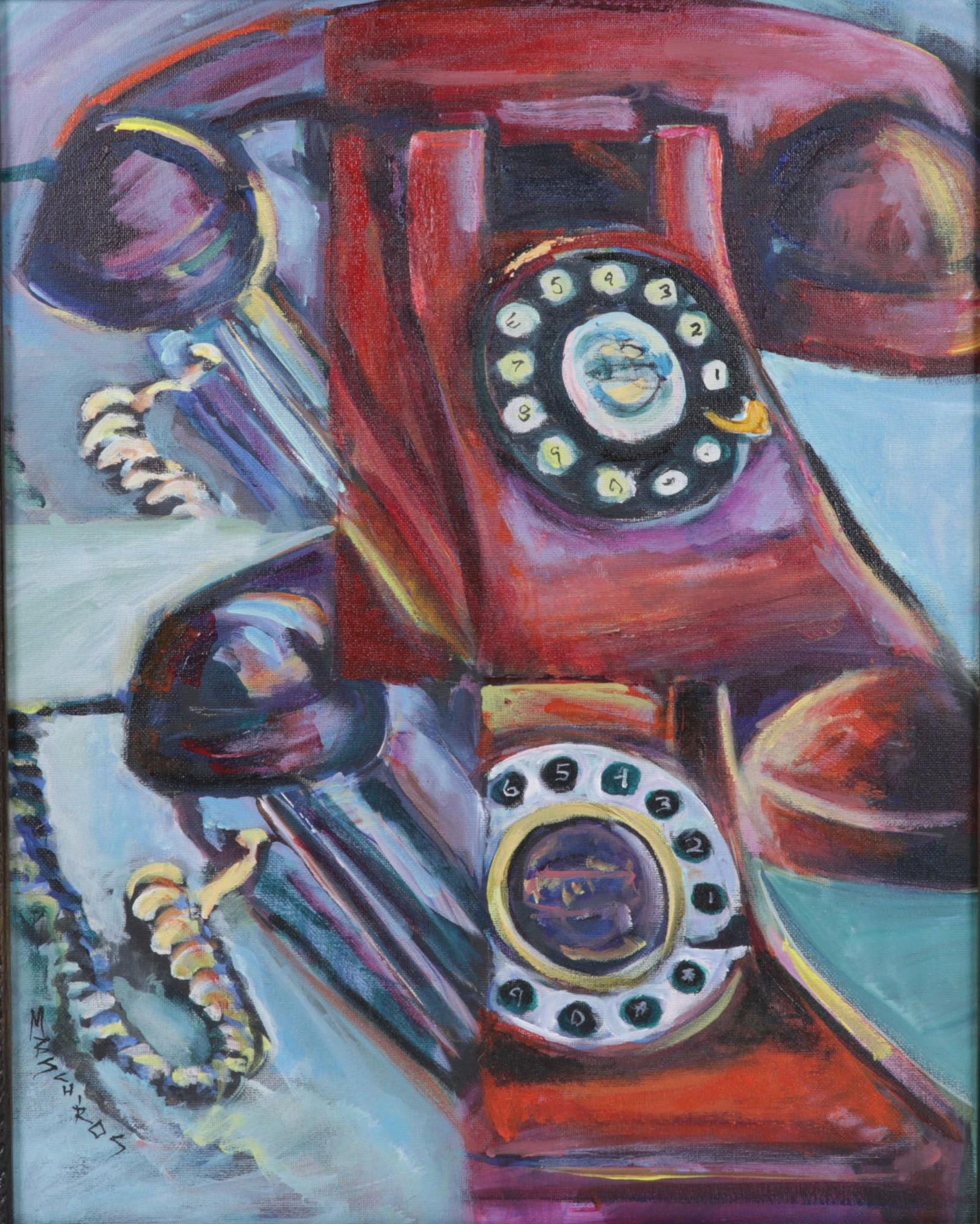 Mary Beth Schiros Acrylic Painting of Rotary Telephone, 21st Century