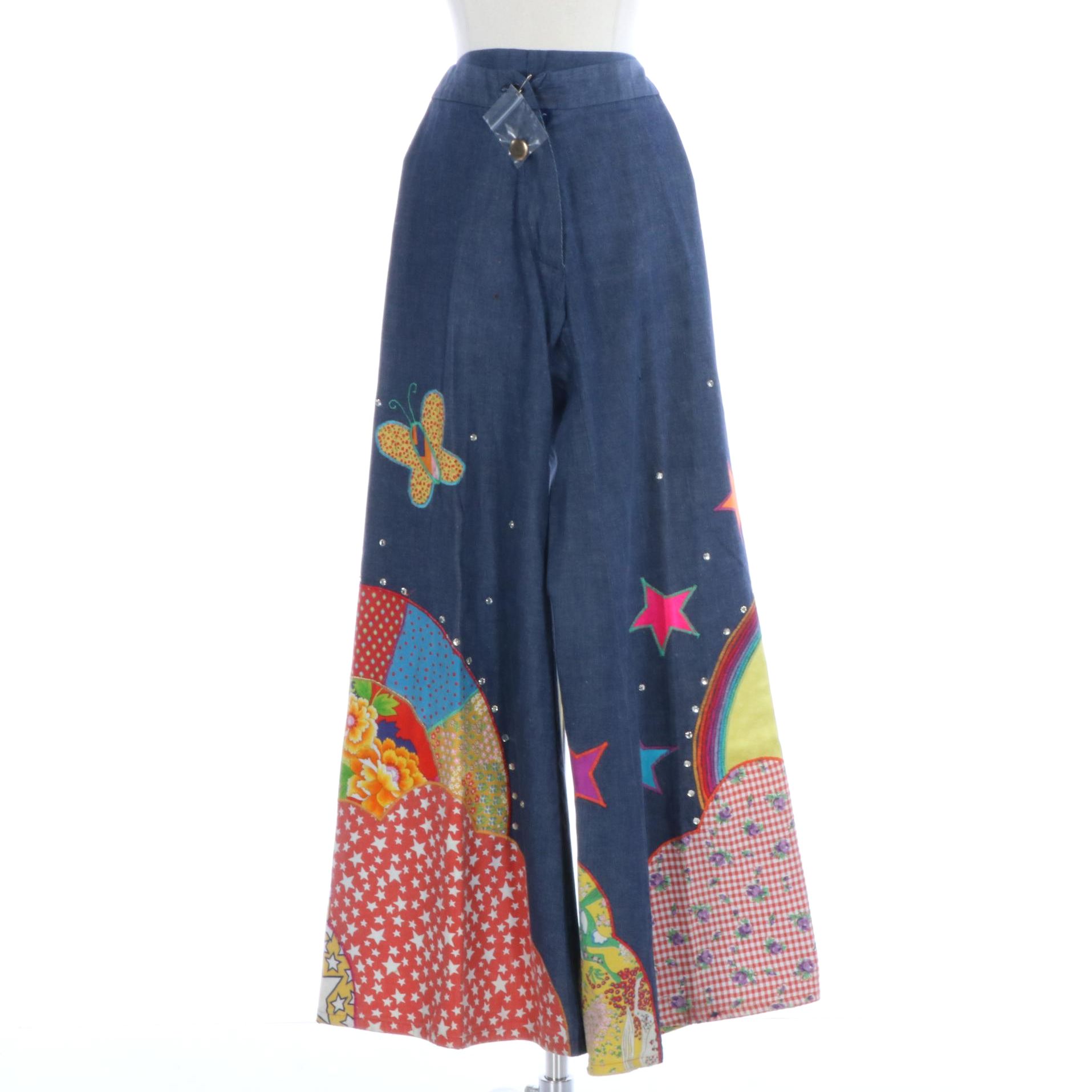 Kim Wong High Waist Bell Bottom Pants with 1970s Style Embroidered Appliqués