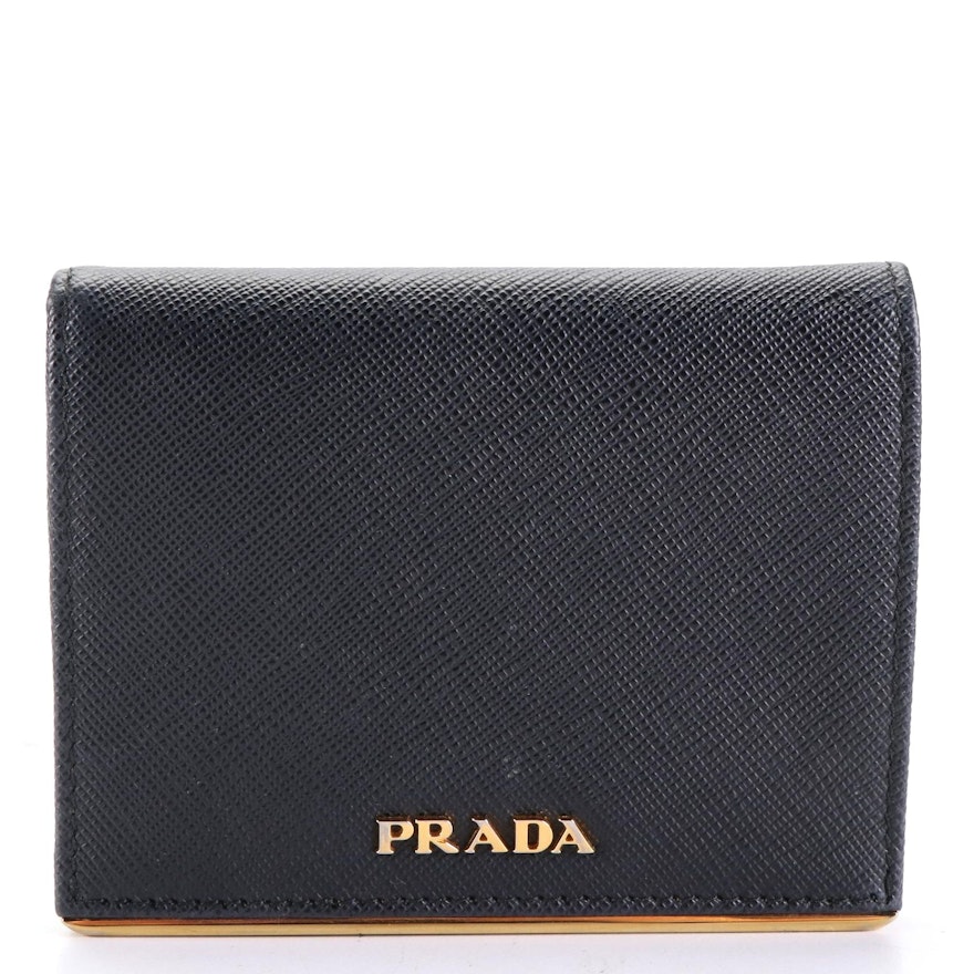 Prada Compact Wallet in Black Saffiano Leather with Box