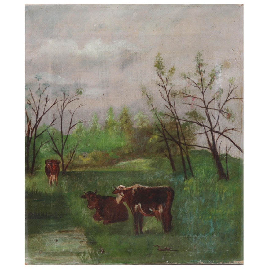 Cattle in Pasture Oil Painting, Early 20th Century