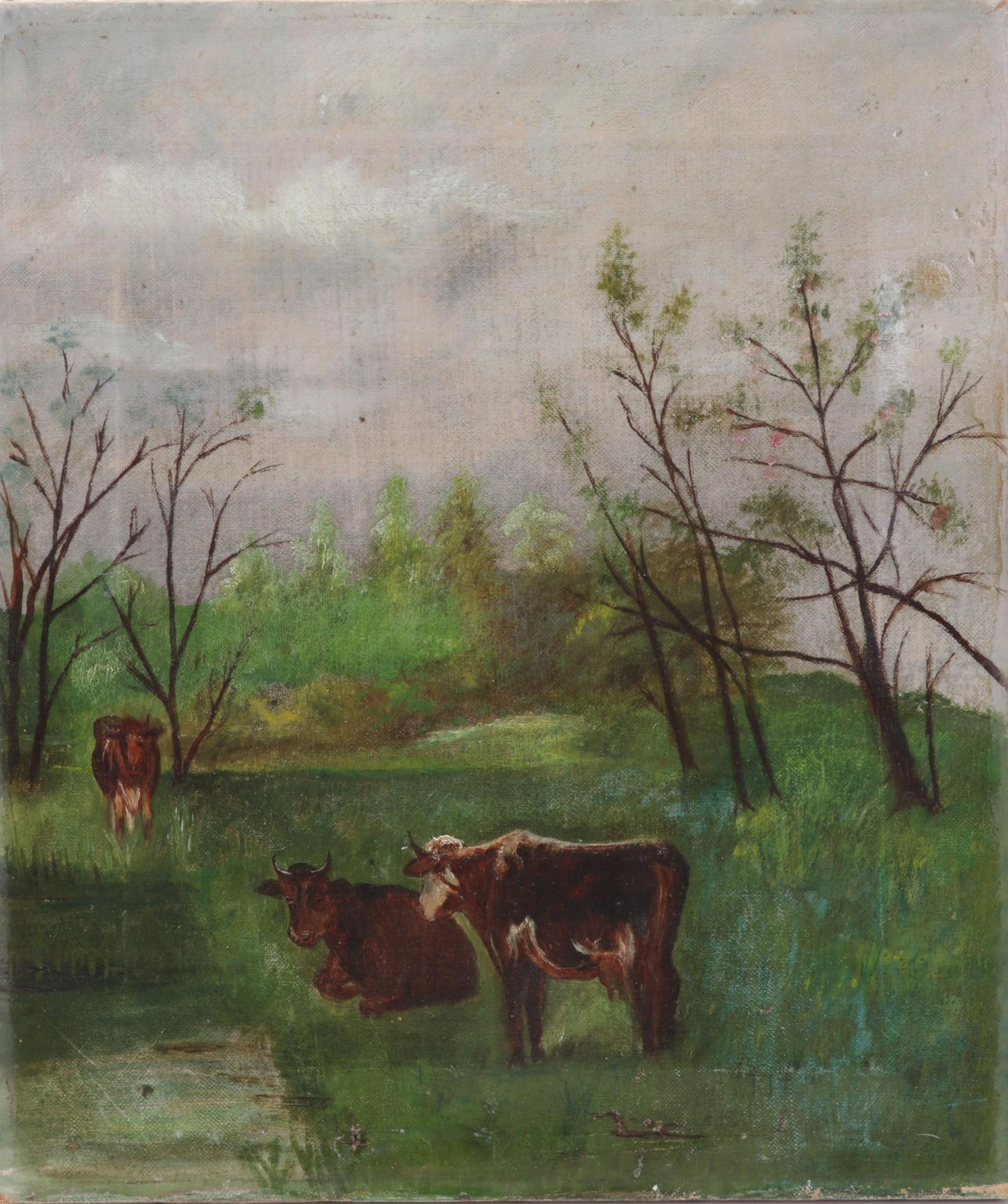 Cattle in Pasture Oil Painting, Early 20th Century