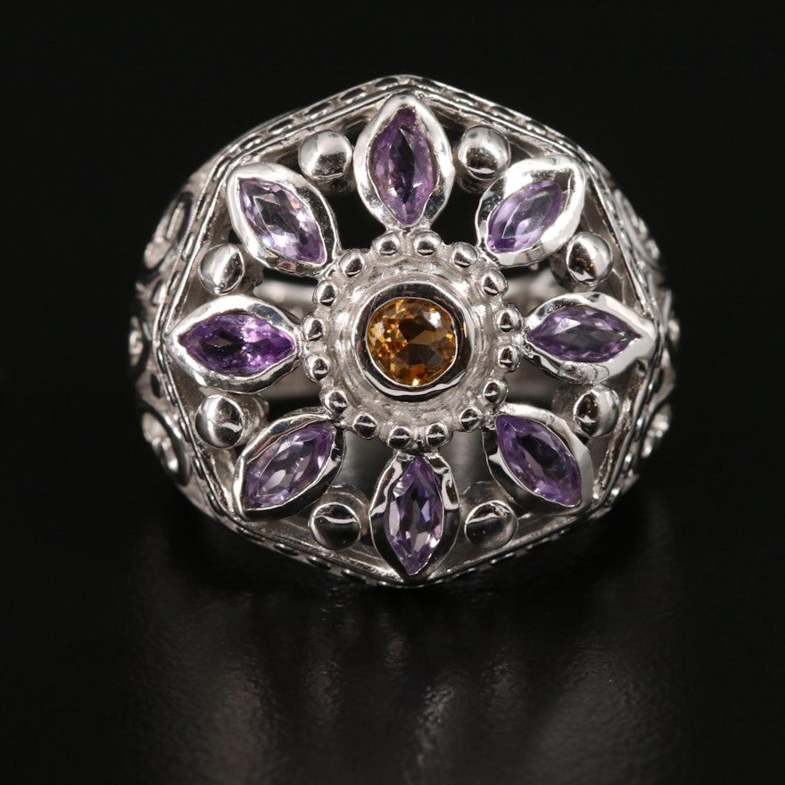 Sterling Citrine and Amethyst Floral Ring