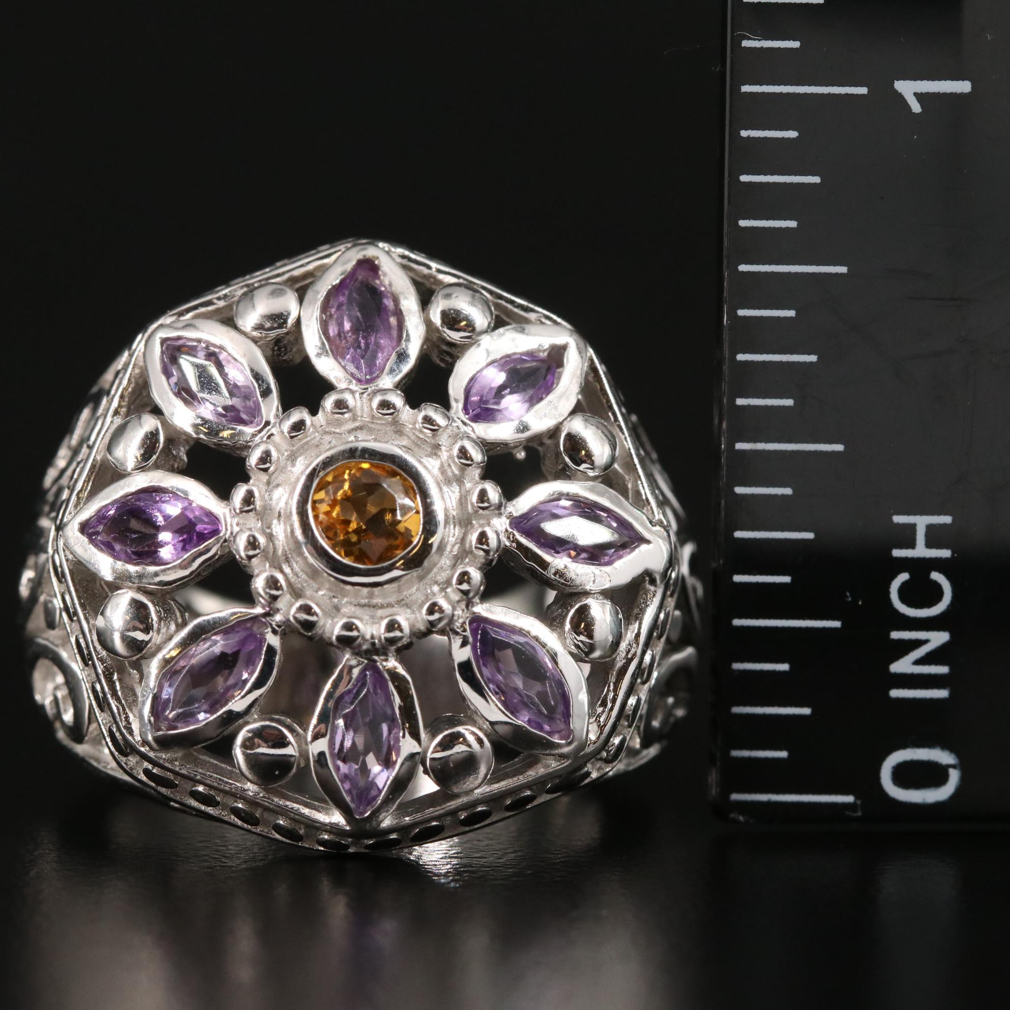 Sterling Citrine and Amethyst Floral Ring