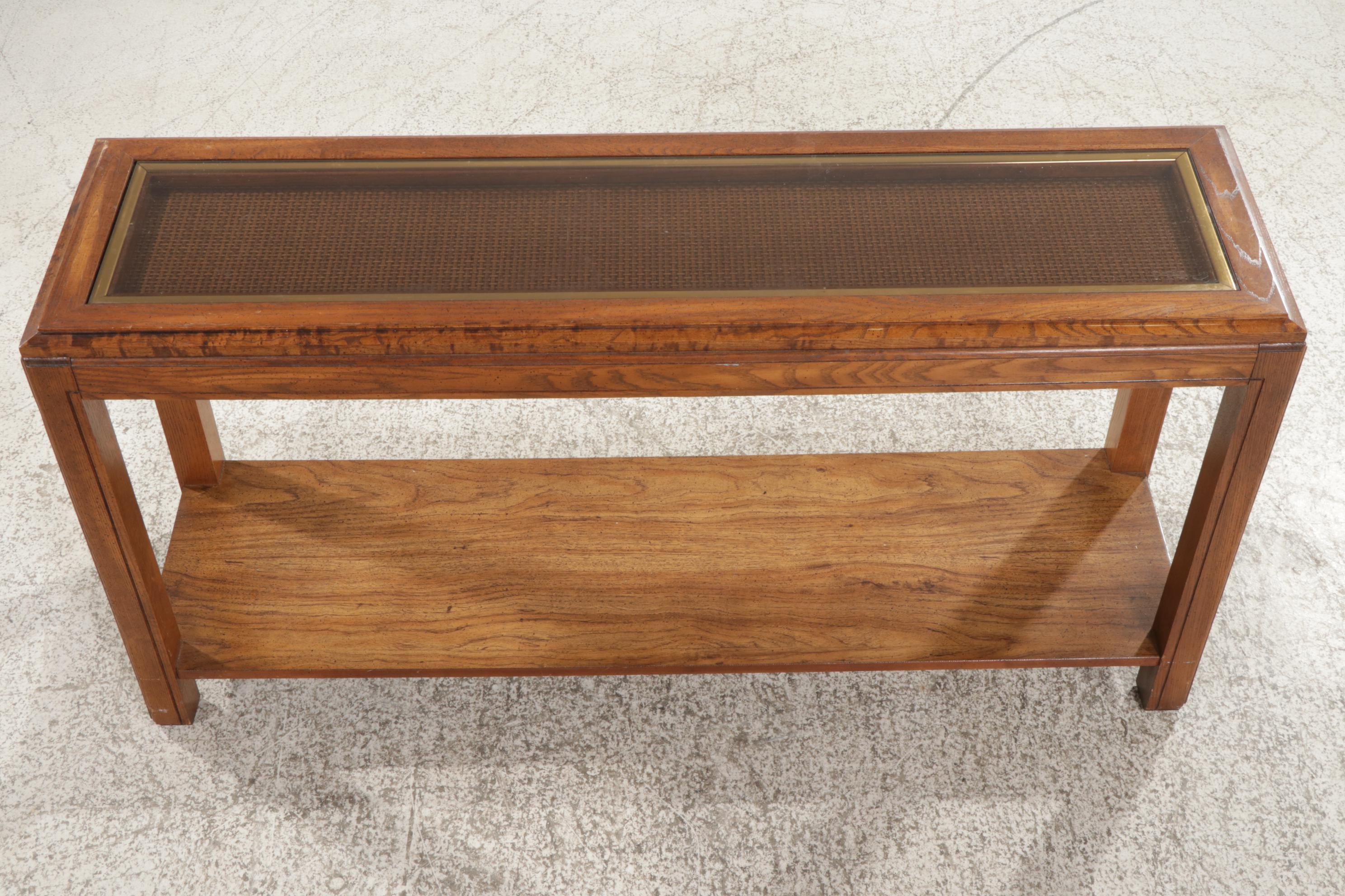 Fruitwood-Grained, Caned and Glass Top Console Table, 1970s