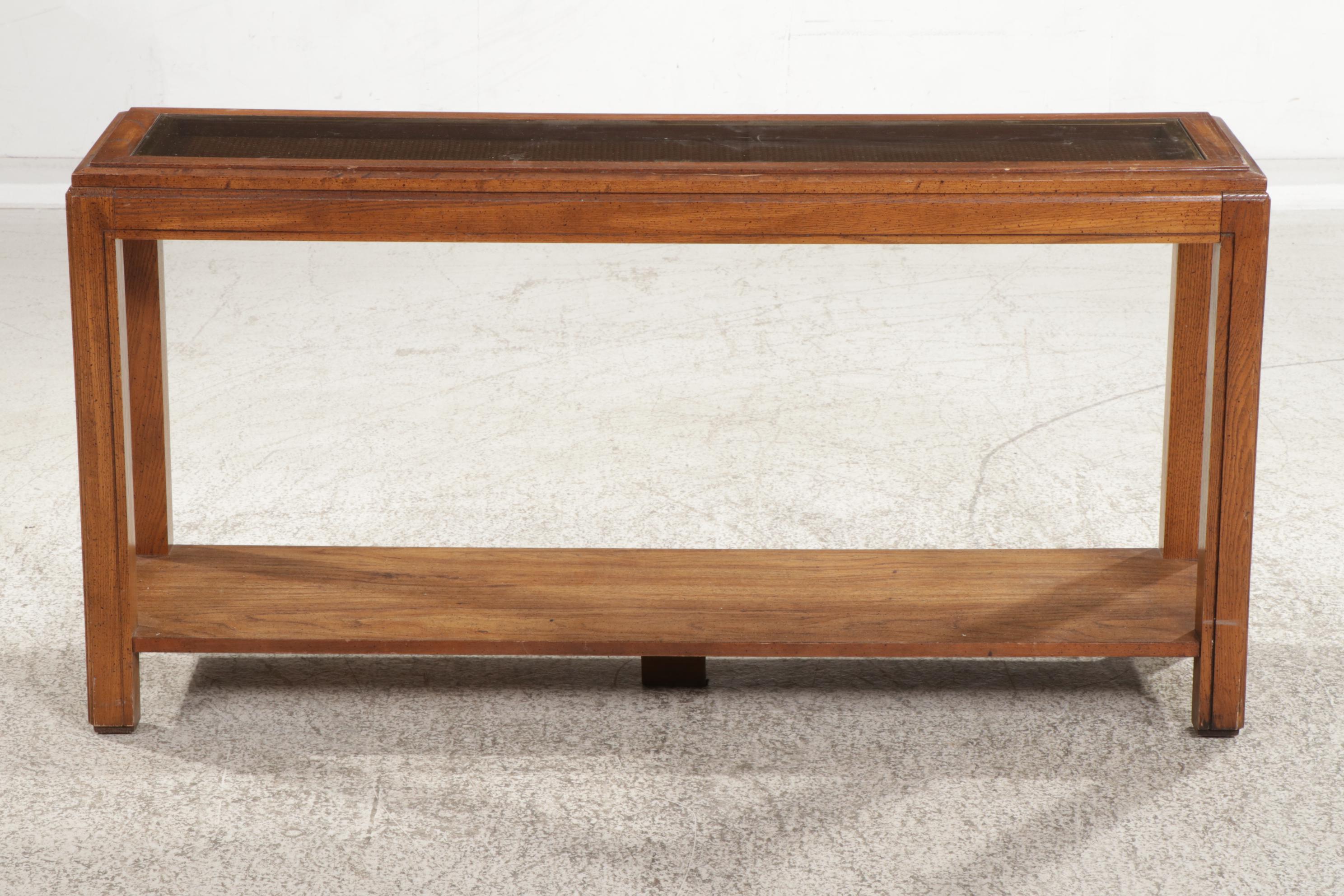 Fruitwood-Grained, Caned and Glass Top Console Table, 1970s