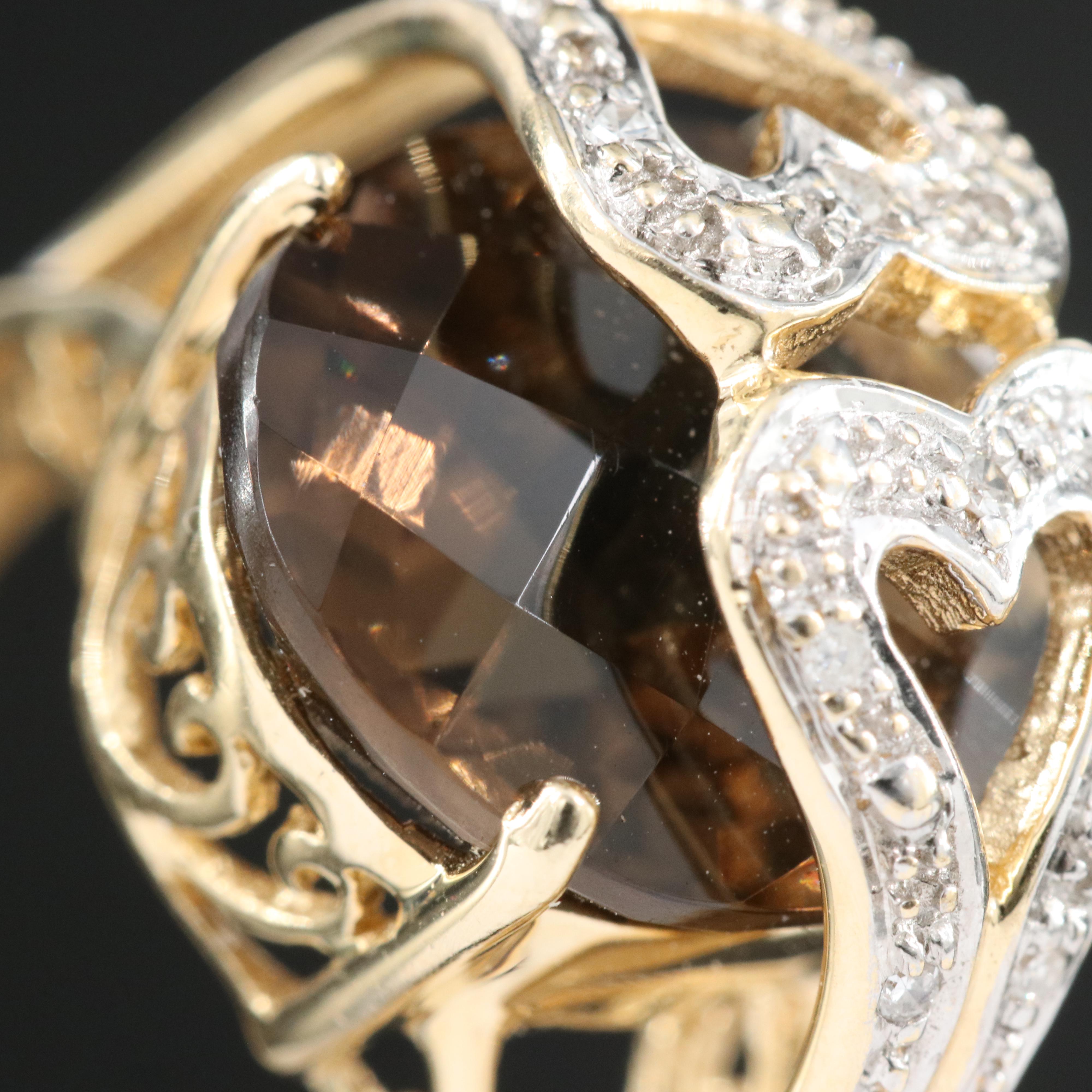 14K 8.50 CT Smoky Quartz and Diamond Heart Ring