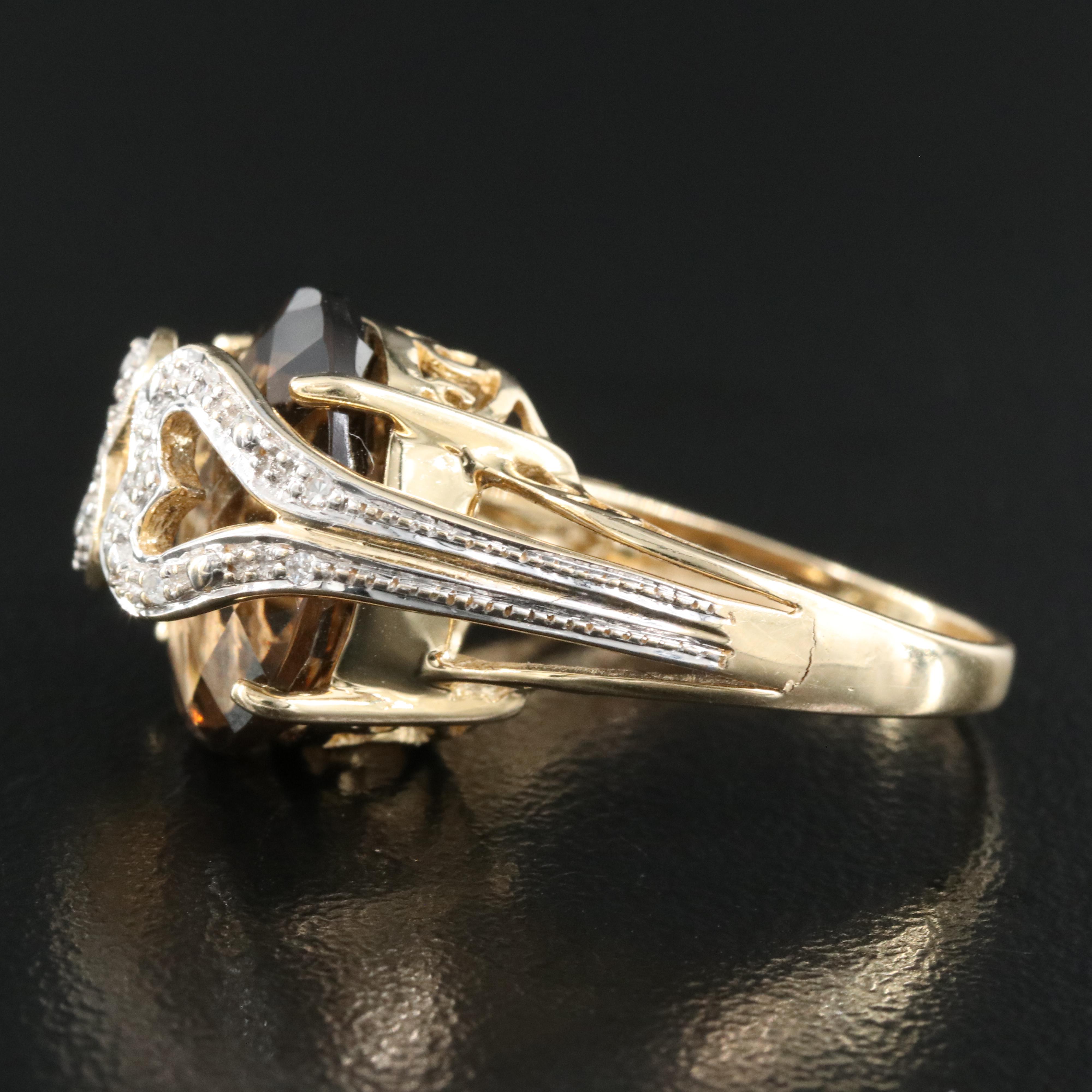 14K 8.50 CT Smoky Quartz and Diamond Heart Ring