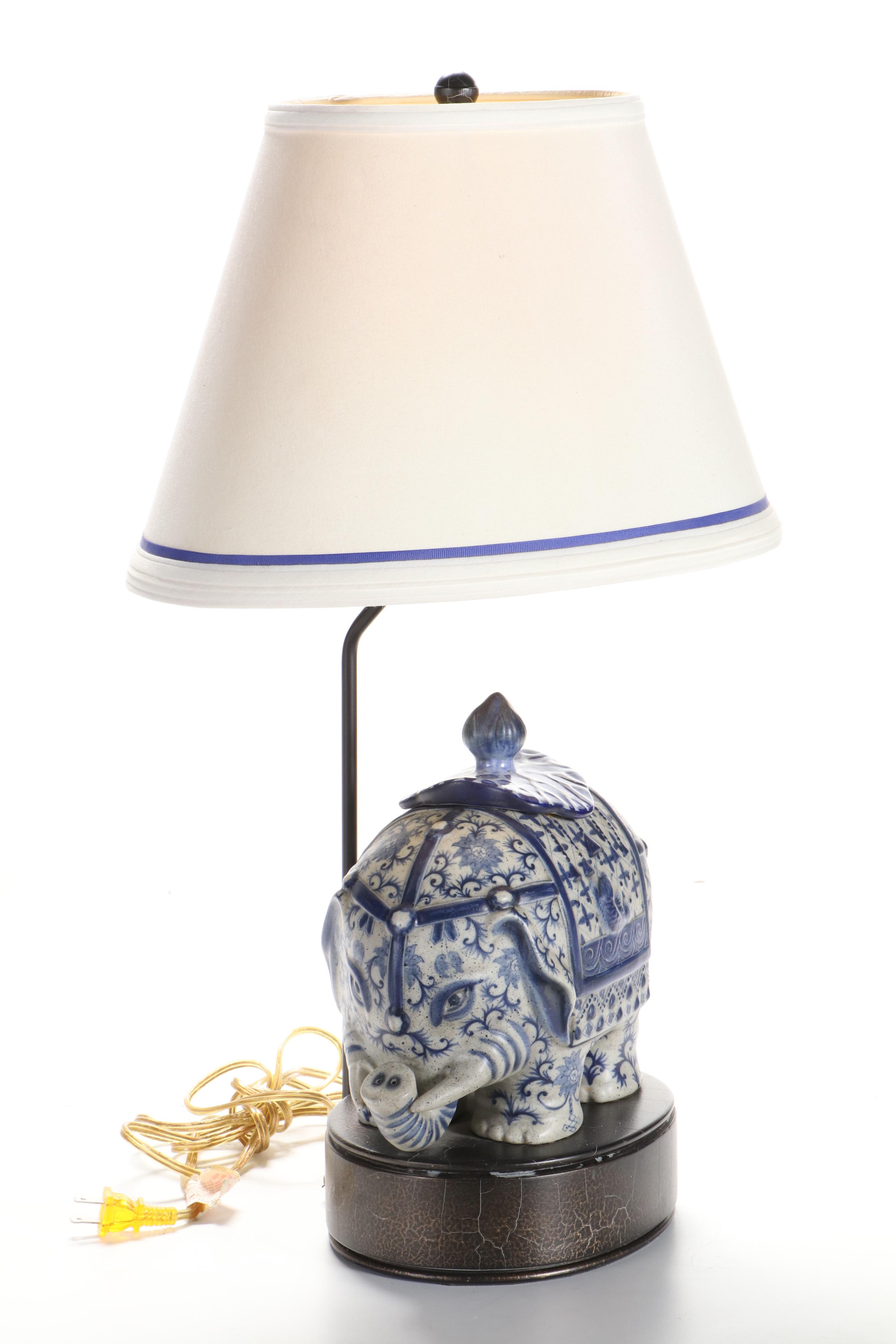 Frederick Cooper Chinese Blue and White Porcelain Elephant Table Lamp, 21st C