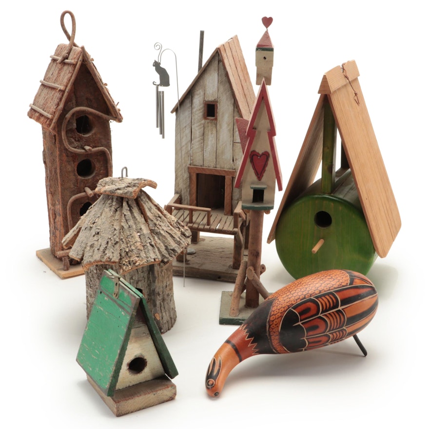 Folk Art Decorative Bird Feeders, Gourd and Windchime