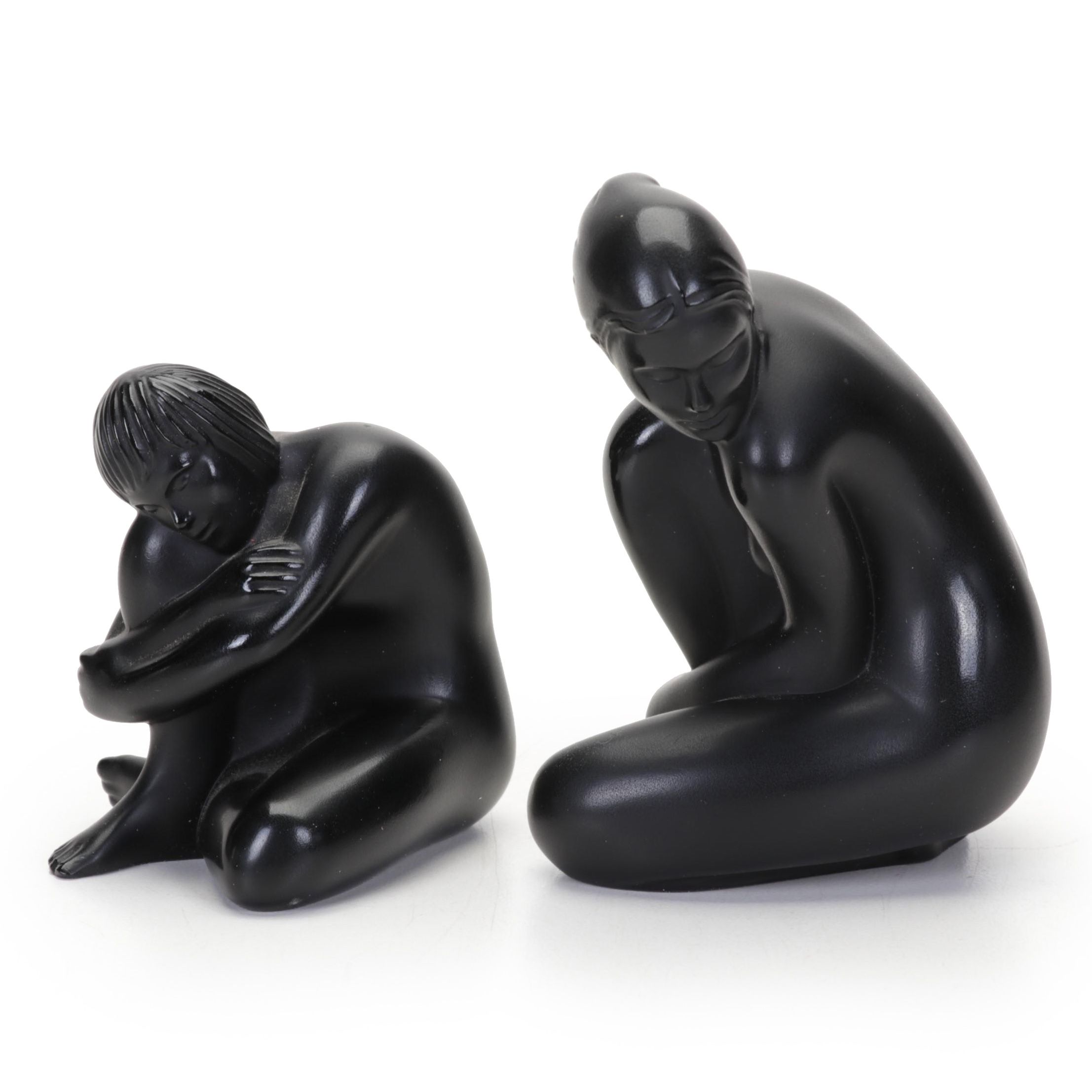 Pair of Lalique Crystal Noir "Venus" Nude Figurines