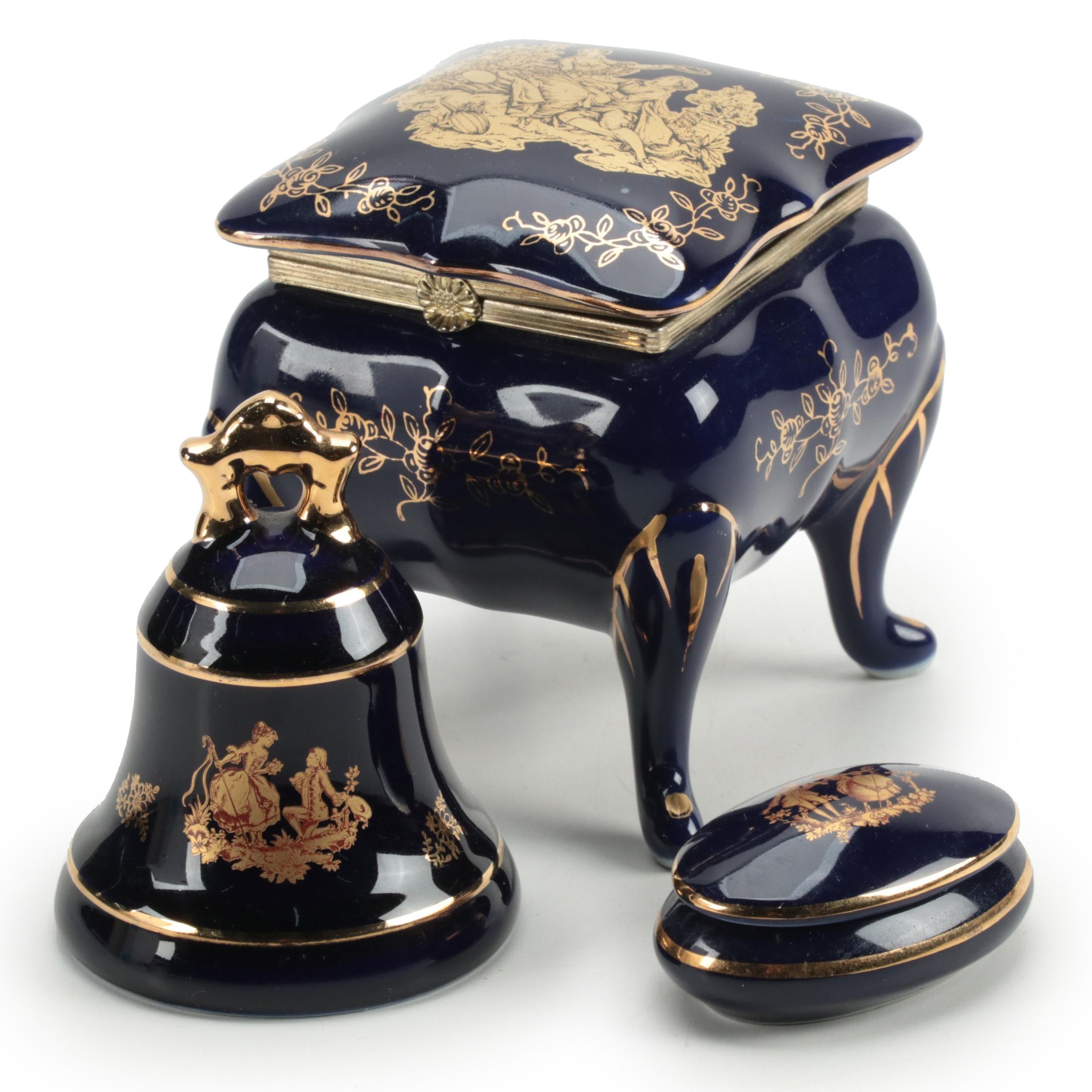 La Reine Gilded Cobalt Porcelain Trinket Box with Other Porcelain Box and Bell