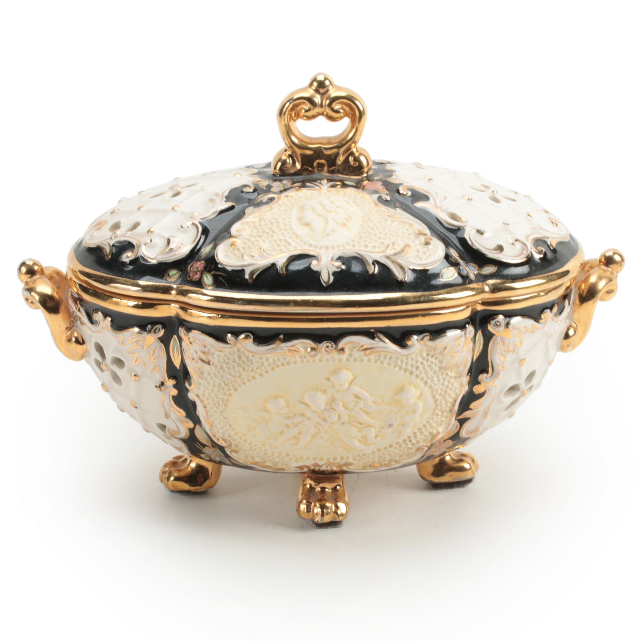 Cesello Italian Rocco Style Earthenware  Gilt Accented Potpourri Pot