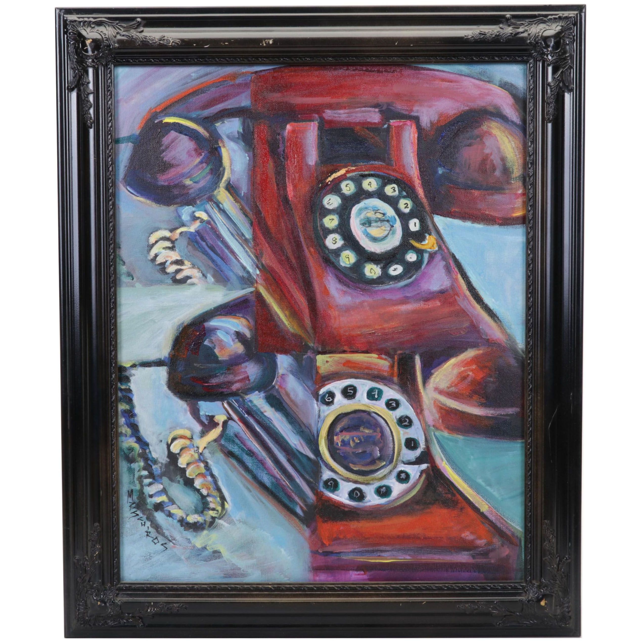 Mary Beth Schiros Acrylic Painting of Rotary Telephone, 21st Century