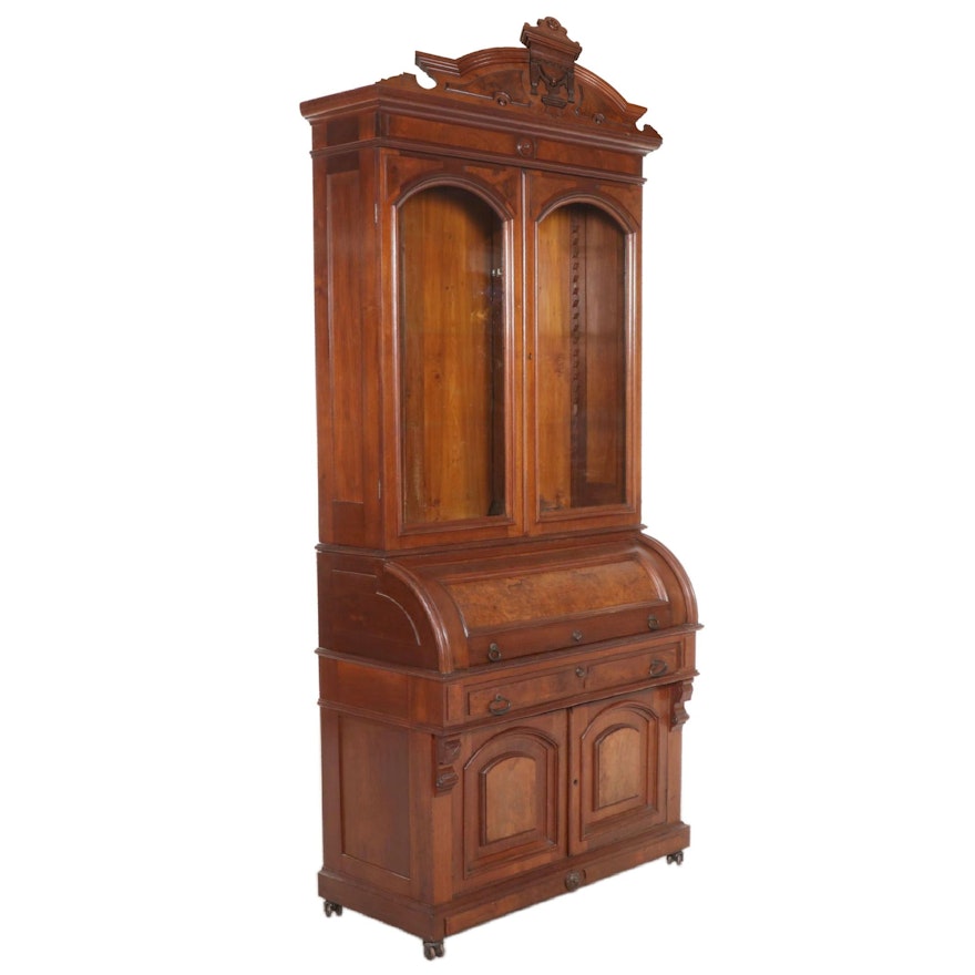 Victorian Walnut Cylinder Roll Top Secretary, Late 19th Century