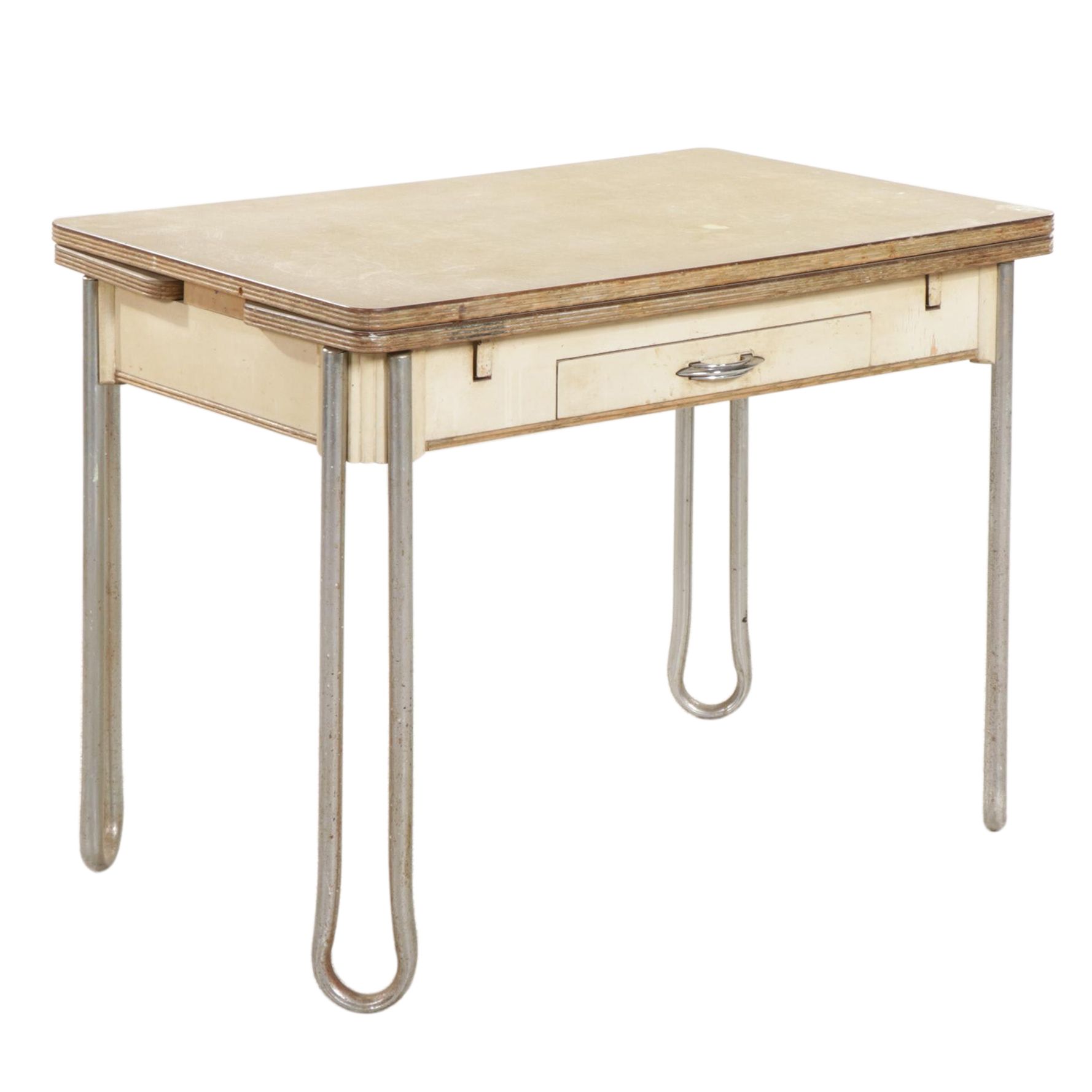 Mid Century Modern Tubular Metal and Laminate Top Extension Dining Table