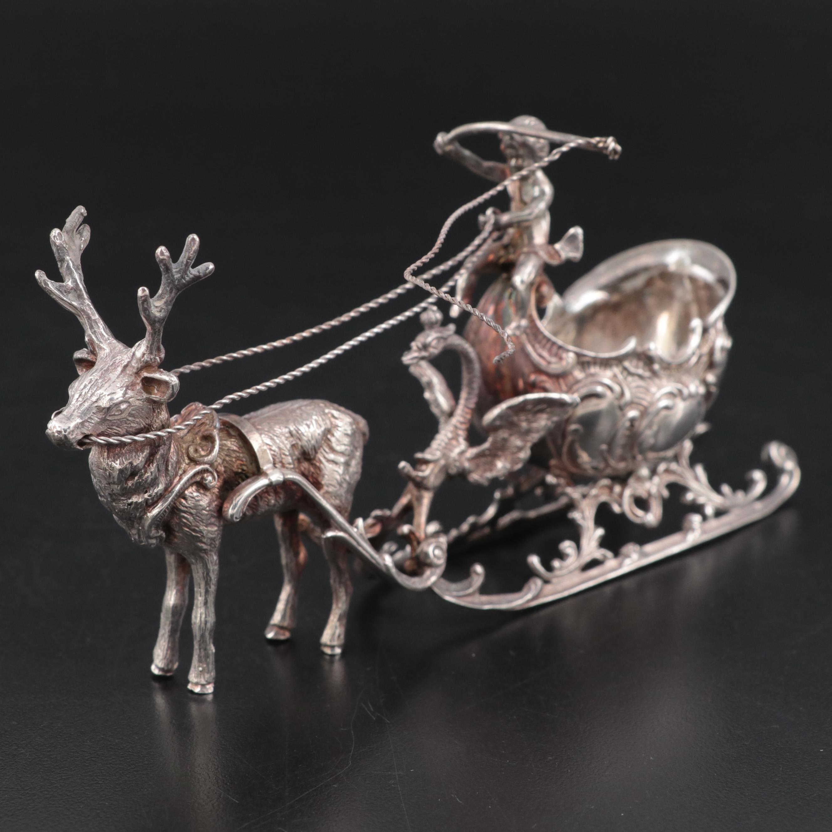 Continental European Baroque Revival Reindeer and Sleigh Sterling Salt Cellar