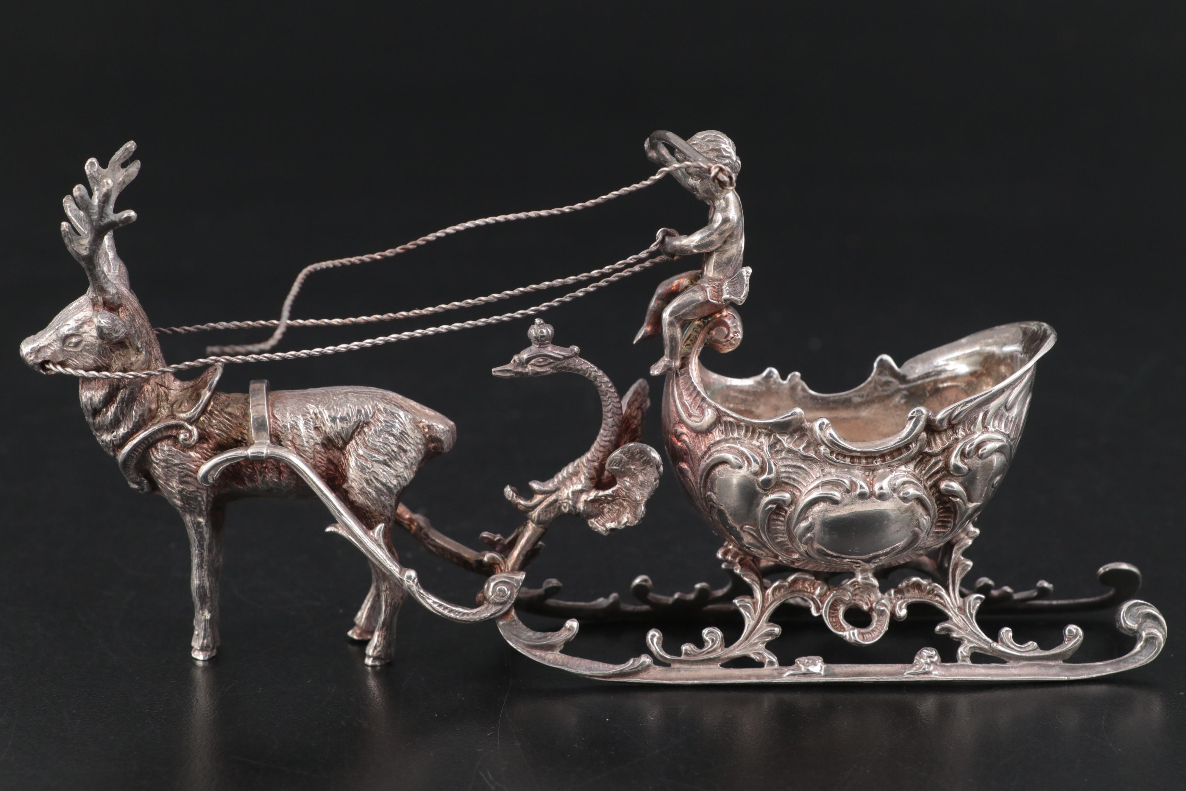 Continental European Baroque Revival Reindeer and Sleigh Sterling Salt Cellar
