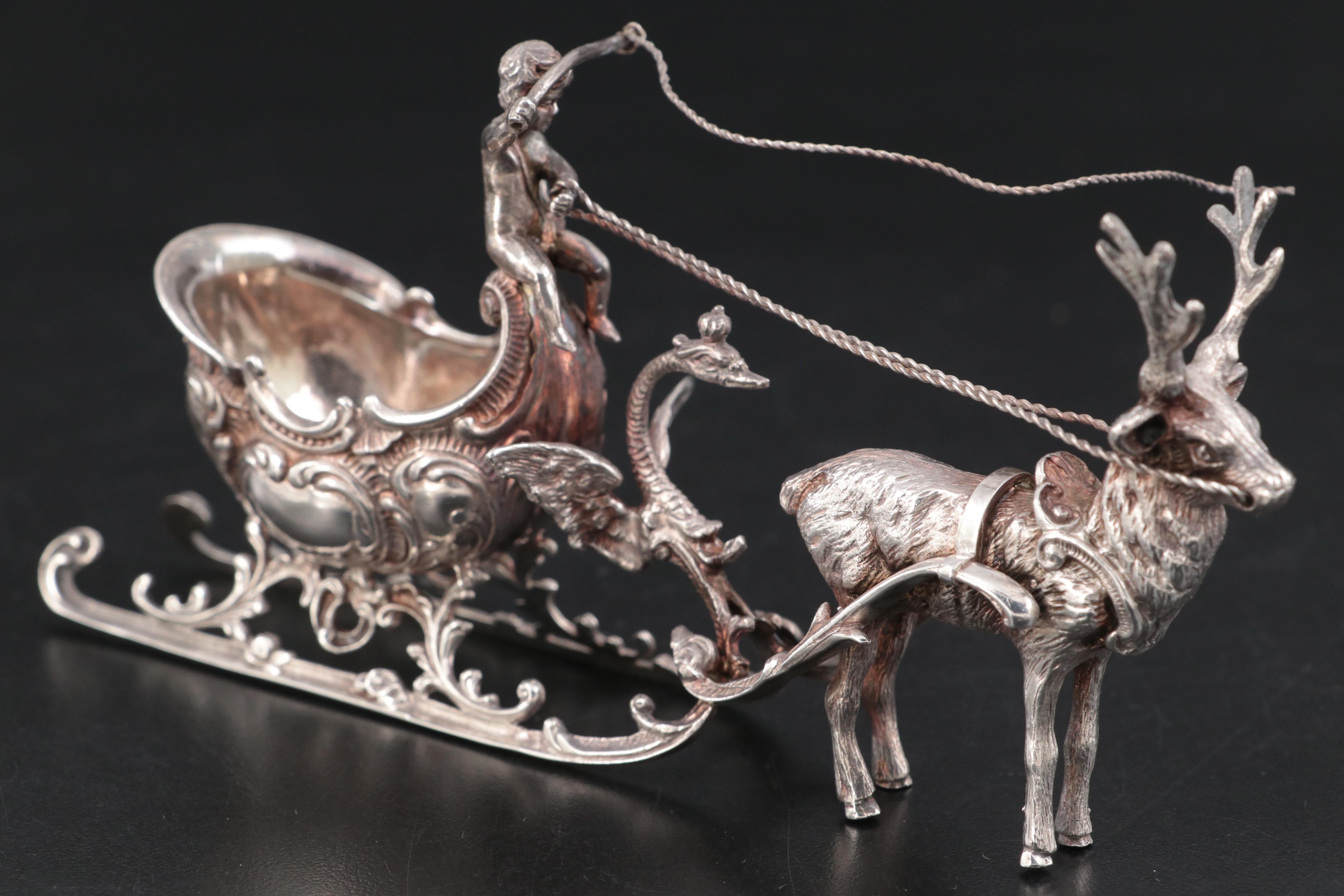 Continental European Baroque Revival Reindeer and Sleigh Sterling Salt Cellar