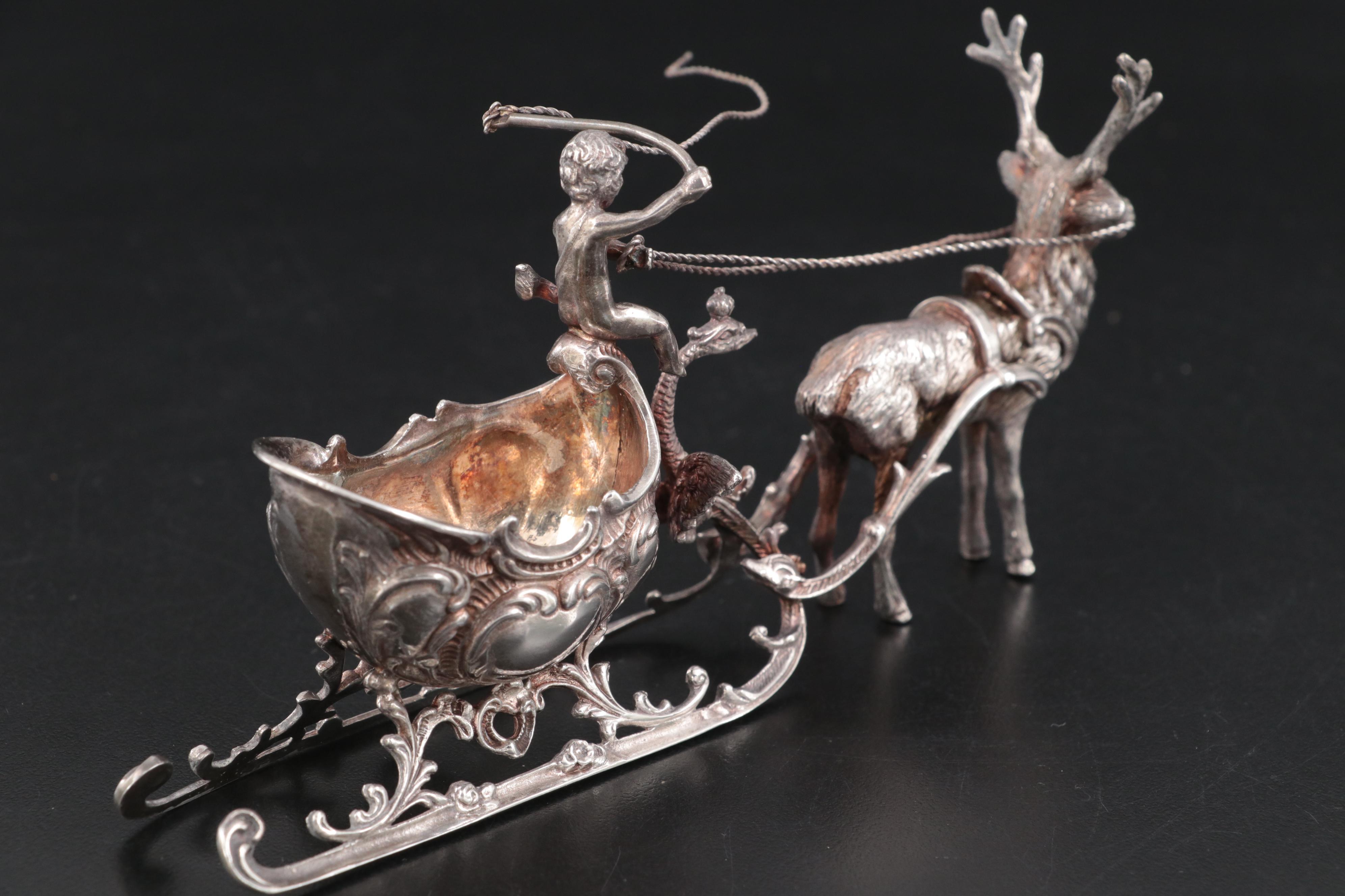 Continental European Baroque Revival Reindeer and Sleigh Sterling Salt Cellar