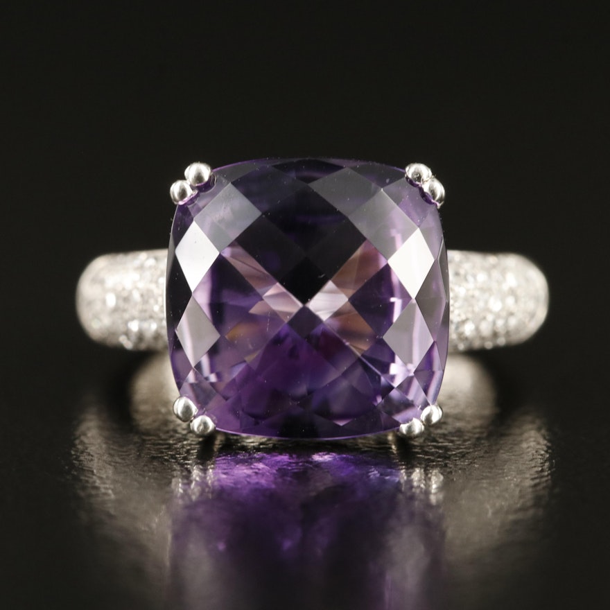 Sterling Amethyst Ring with Pavé Diamond Shoulders