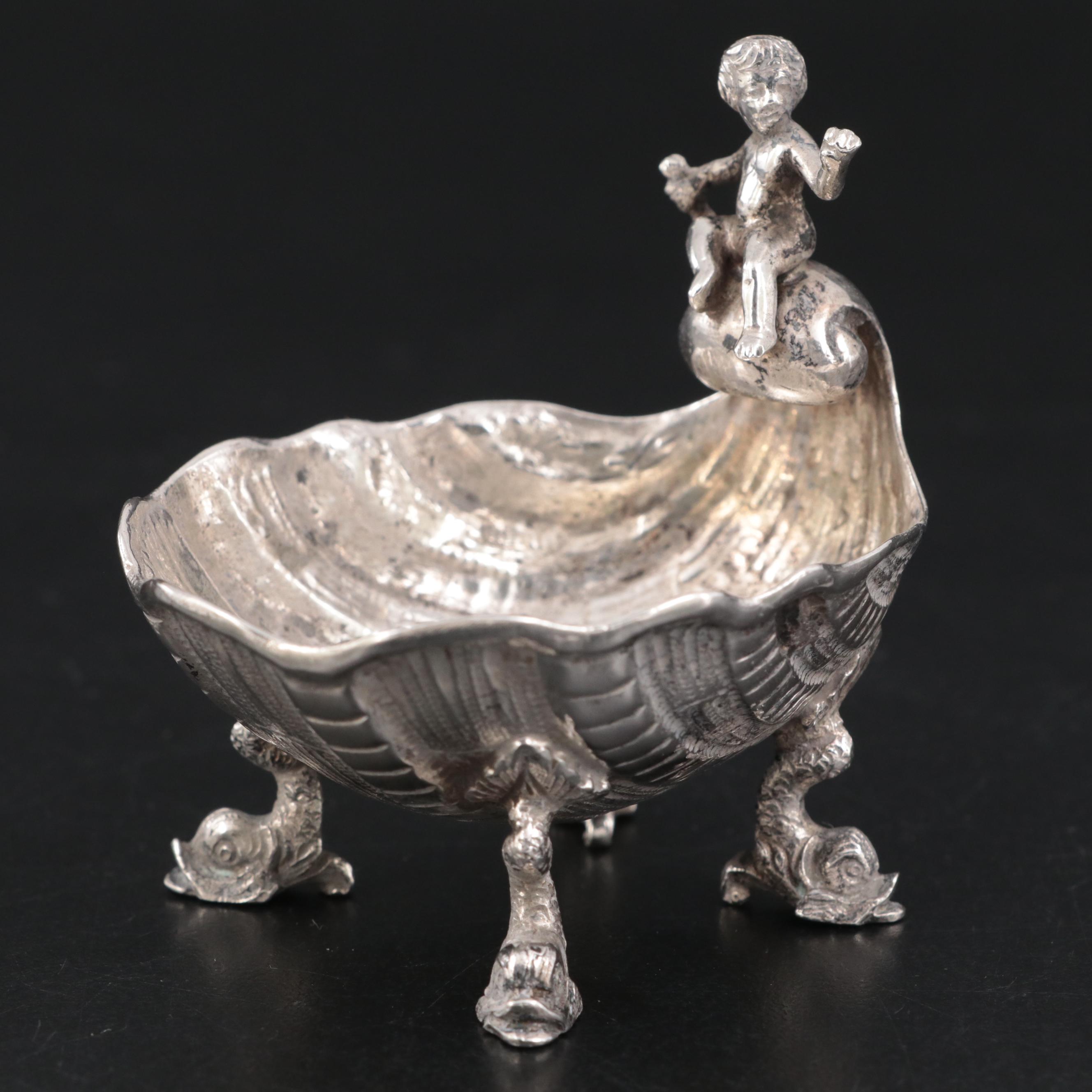 German 800 Silver Baroque Revival Putti and Shell Salt Cellar, Late 19th C.