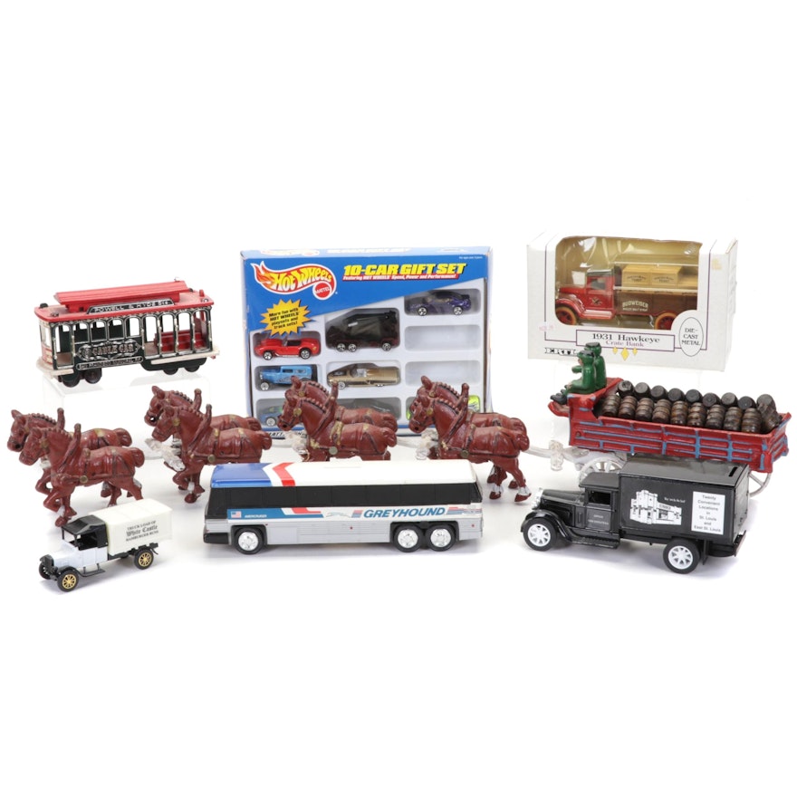 Reproduction Cast Iron Beer Wagon, Ertl Truck Banks, Greyhound Bank, and More