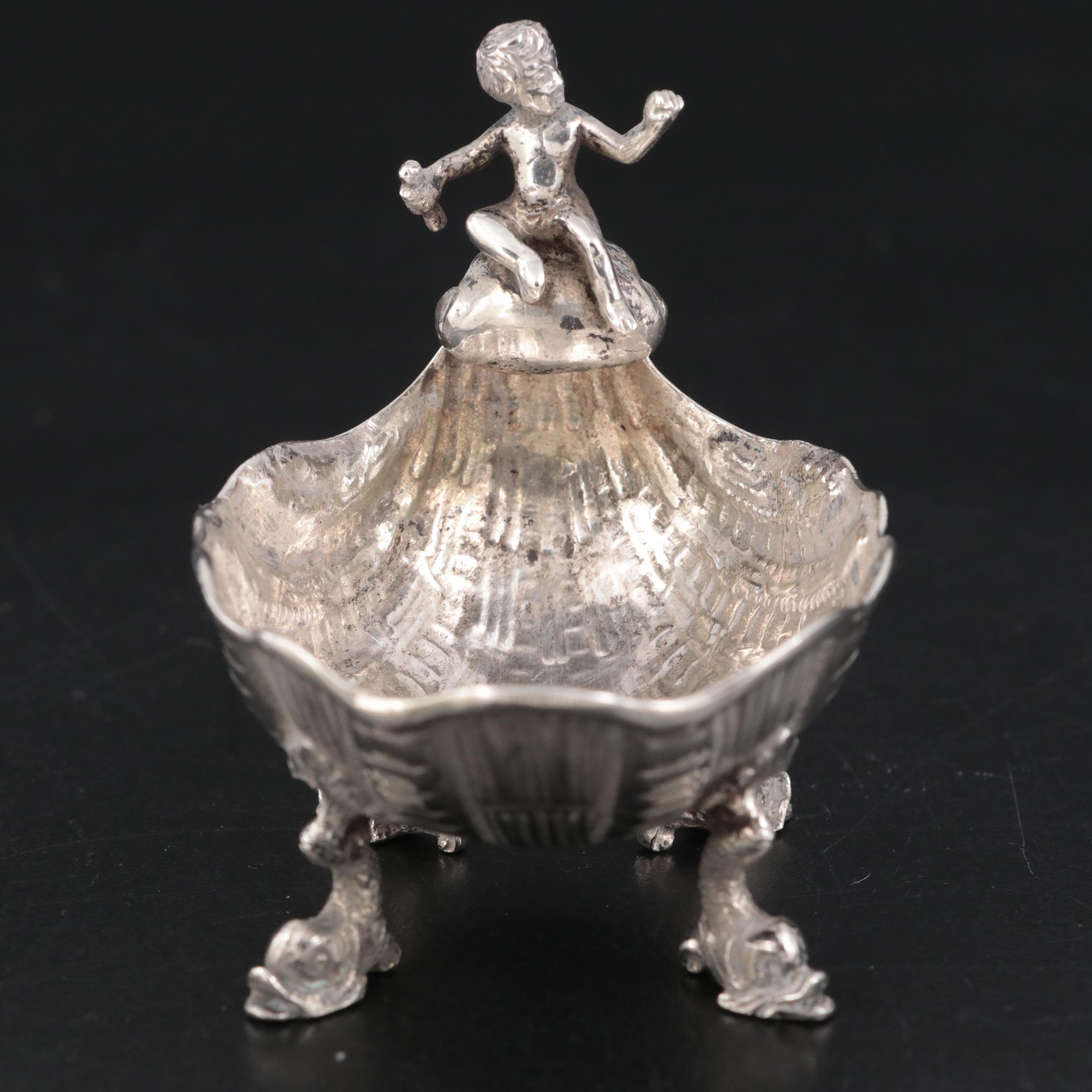 German 800 Silver Baroque Revival Putti and Shell Salt Cellar, Late 19th C.