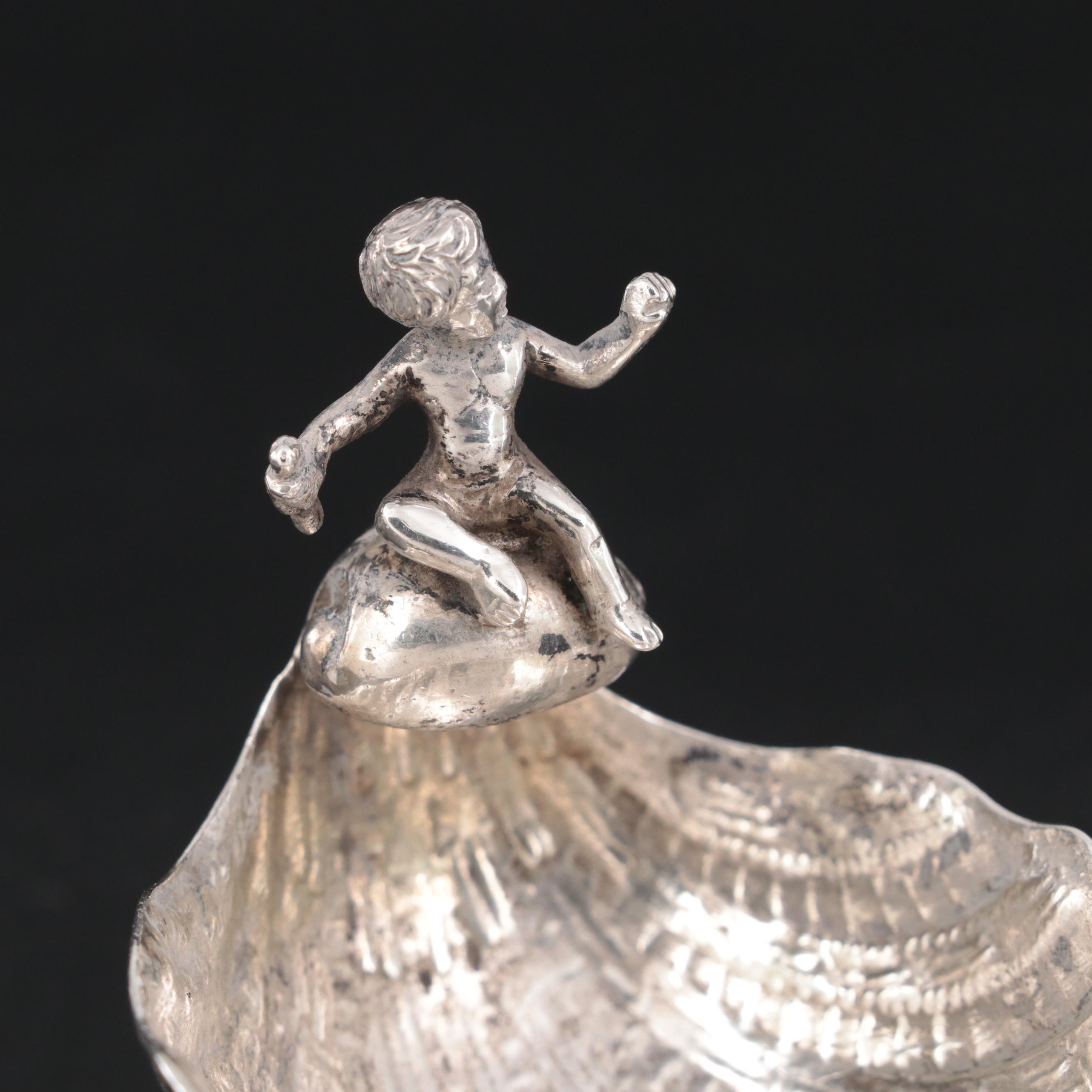 German 800 Silver Baroque Revival Putti and Shell Salt Cellar, Late 19th C.