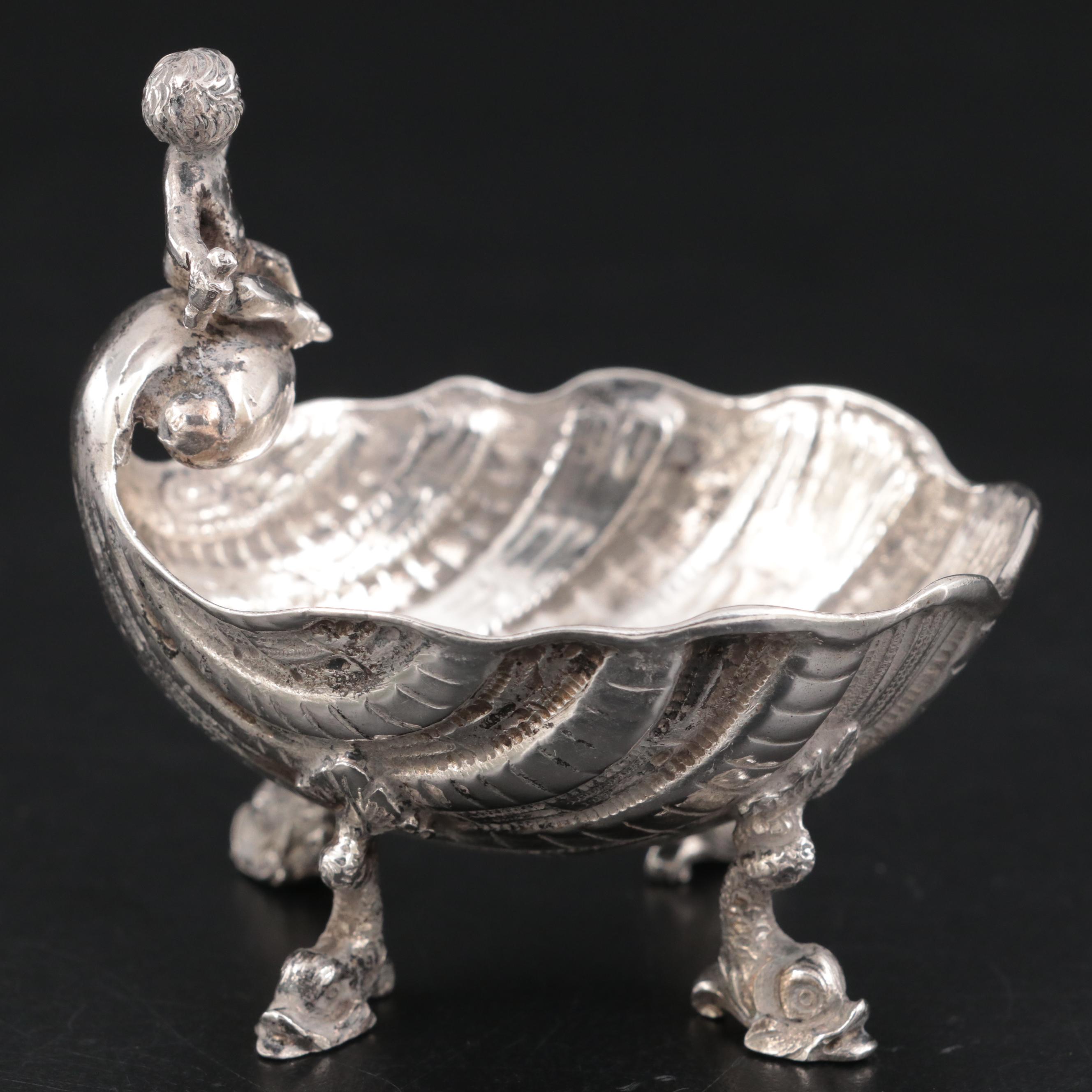 German 800 Silver Baroque Revival Putti and Shell Salt Cellar, Late 19th C.