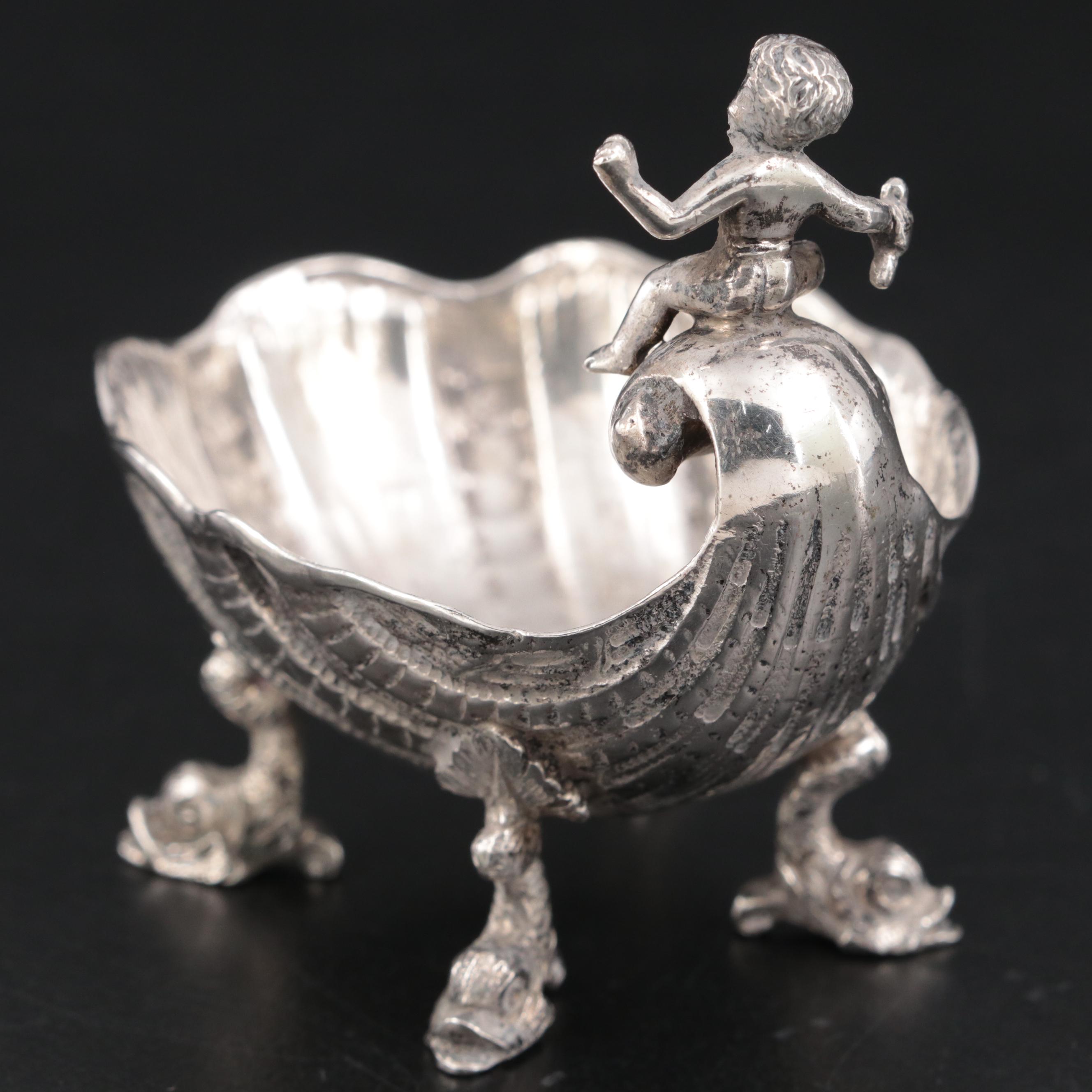 German 800 Silver Baroque Revival Putti and Shell Salt Cellar, Late 19th C.