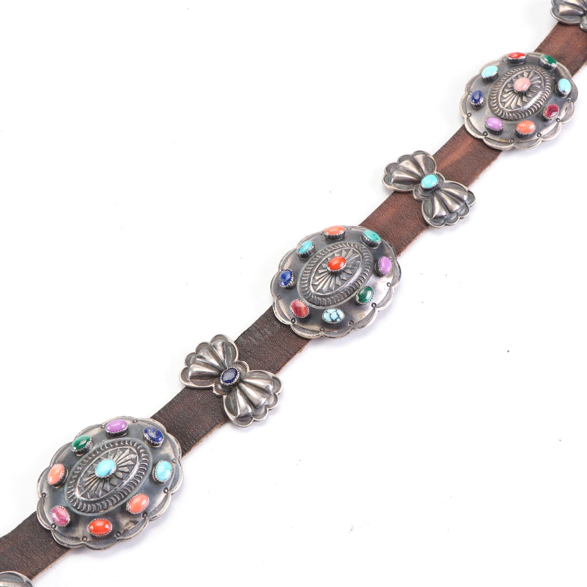 Harry Morgan Navajo Sterling Concho Belt with Turquoise, Coral, and Other Stones