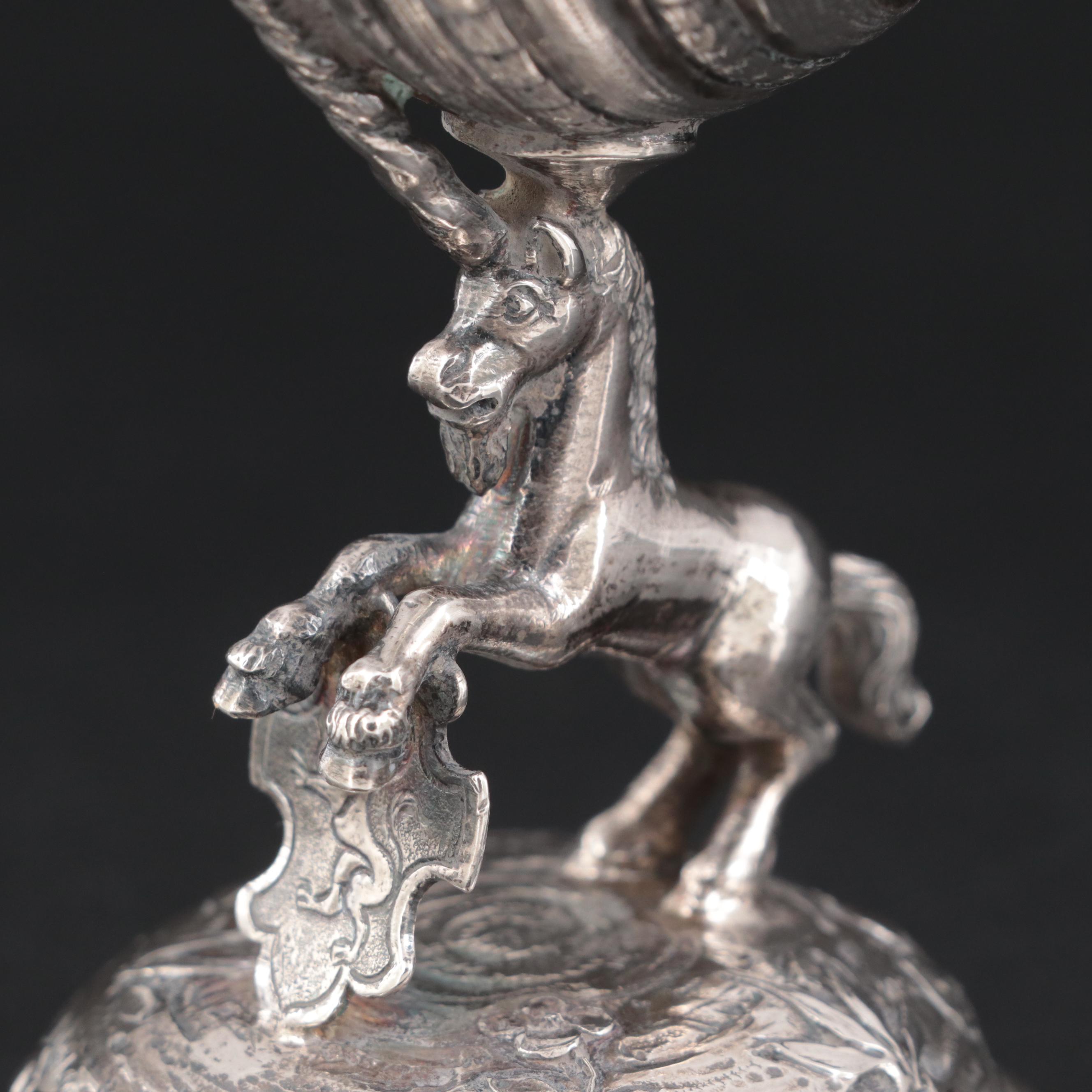 Baroque Revival Unicorn and Shell Bowl Sterling Silver Salt Cellar