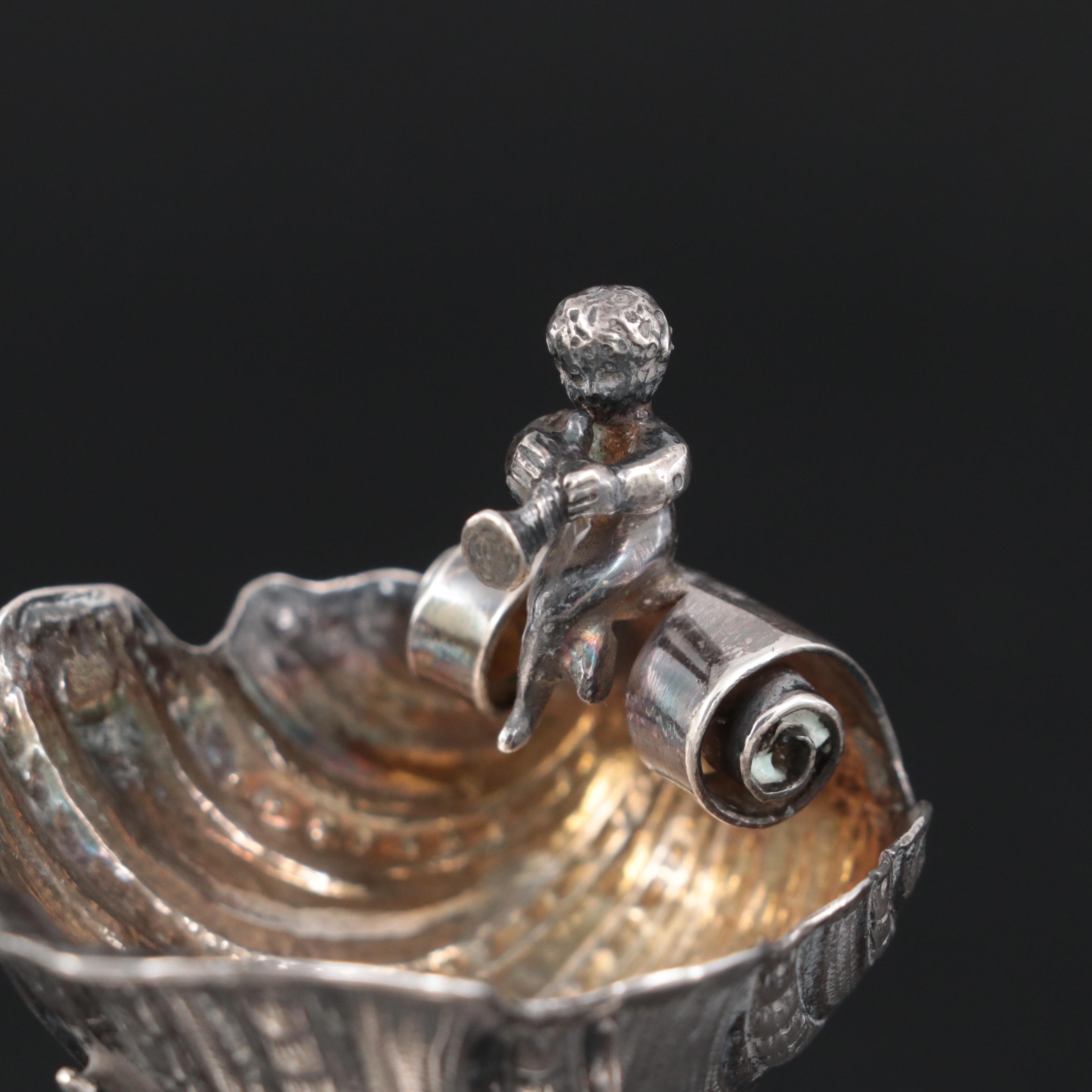 Baroque Revival Unicorn and Shell Bowl Sterling Silver Salt Cellar