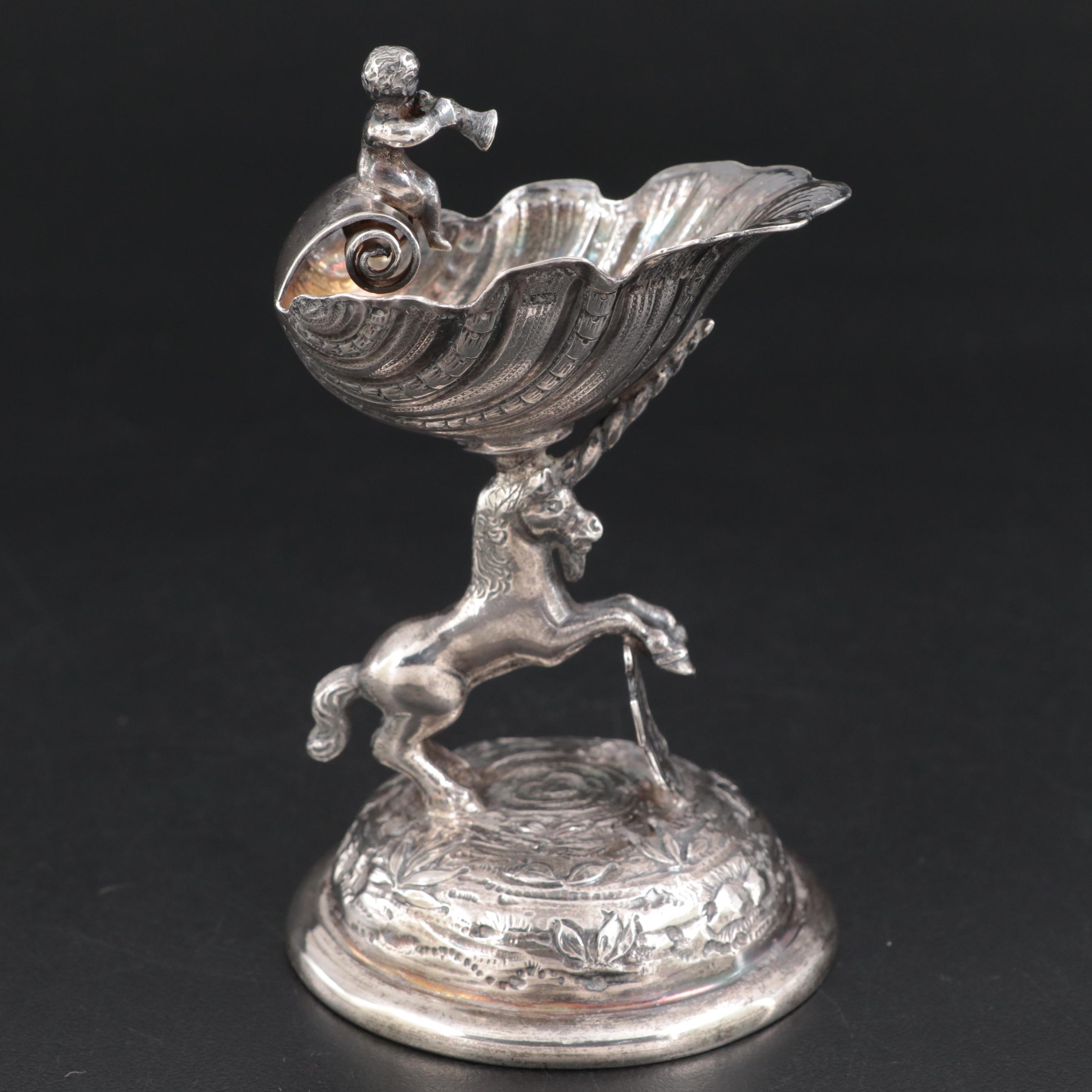 Baroque Revival Unicorn and Shell Bowl Sterling Silver Salt Cellar