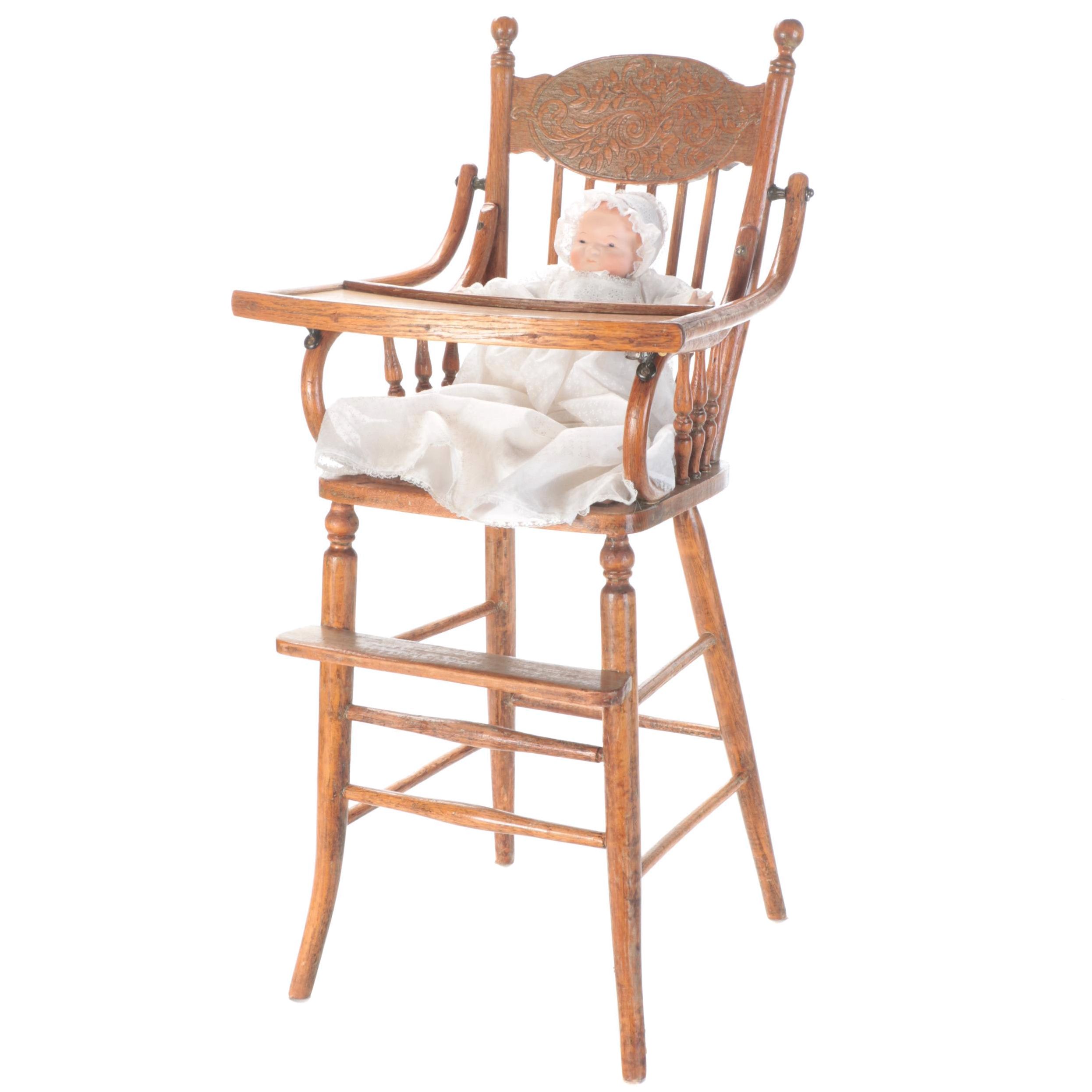 Hand Made Porcelain Doll with Pressed Back Spindle High Chair