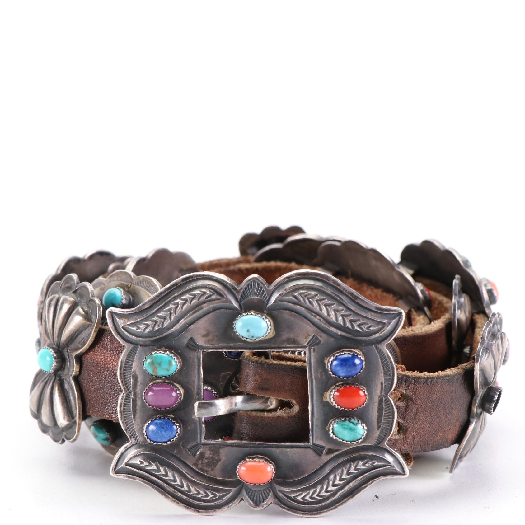 Harry Morgan Navajo Sterling Concho Belt with Turquoise, Coral, and Other Stones