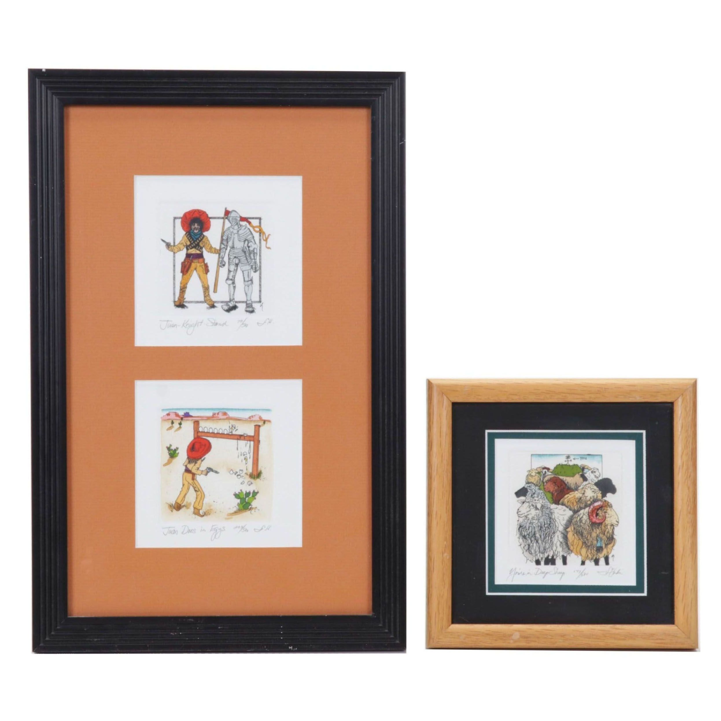 Darlene Hardie Folk Art Hand-Colored Etchings, Late 20th Century