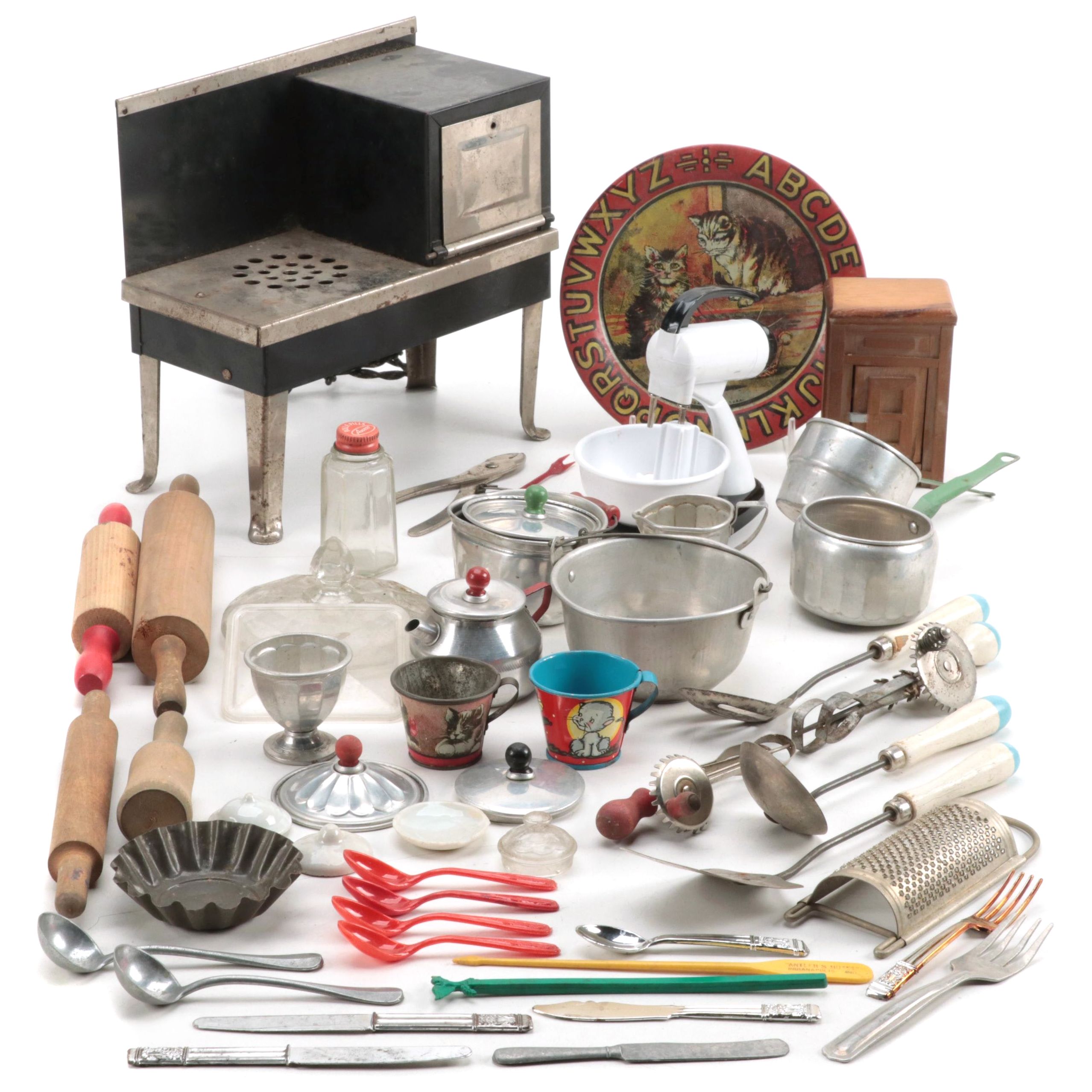 Metal Ware Electric Toy Stove with Toy Kitchen Play Utensils and More, 20th C.