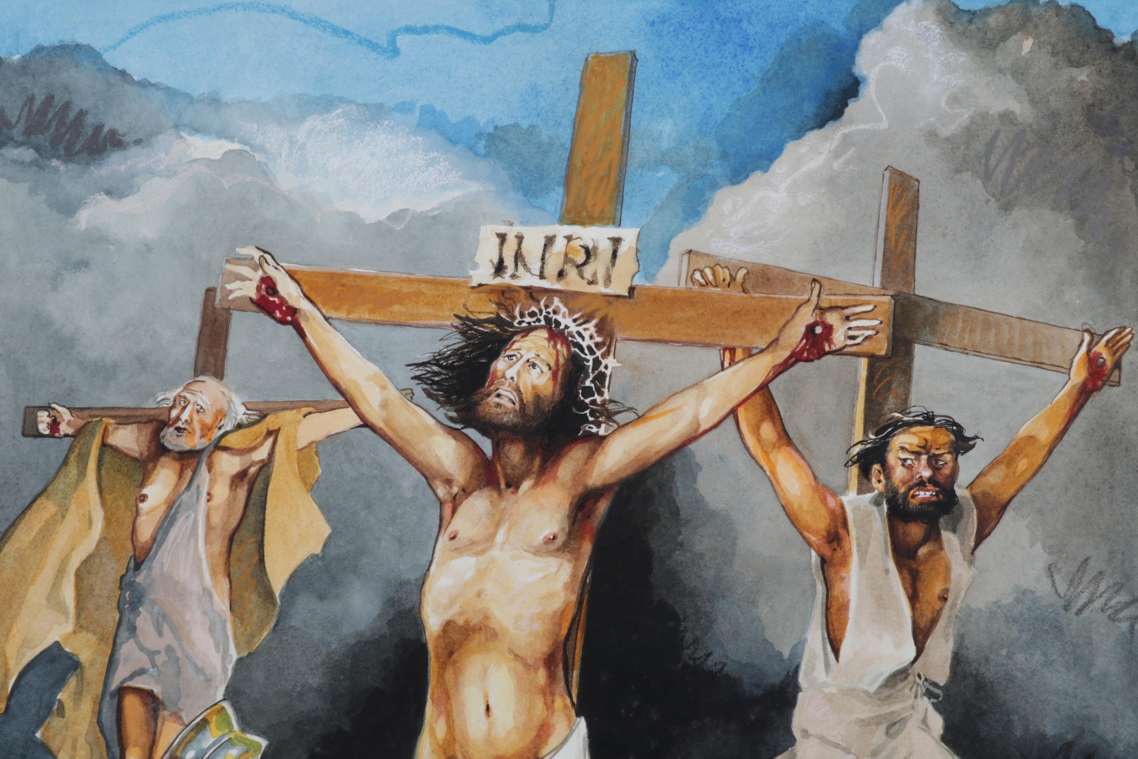 C. M. Dupri Watercolor Painting of Jesus's Crucifixion, 1988