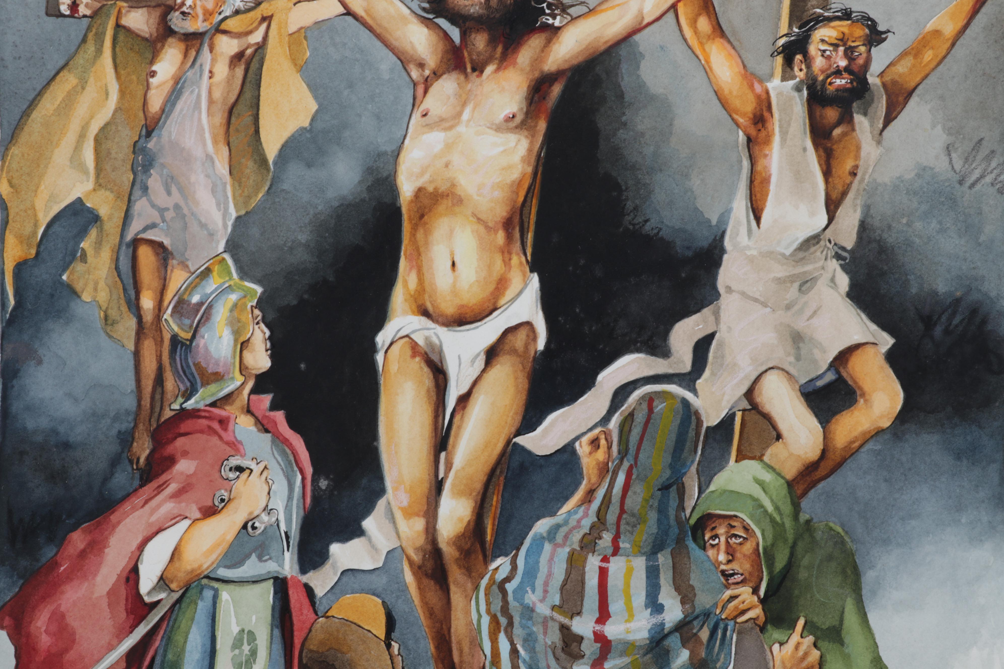 C. M. Dupri Watercolor Painting of Jesus's Crucifixion, 1988