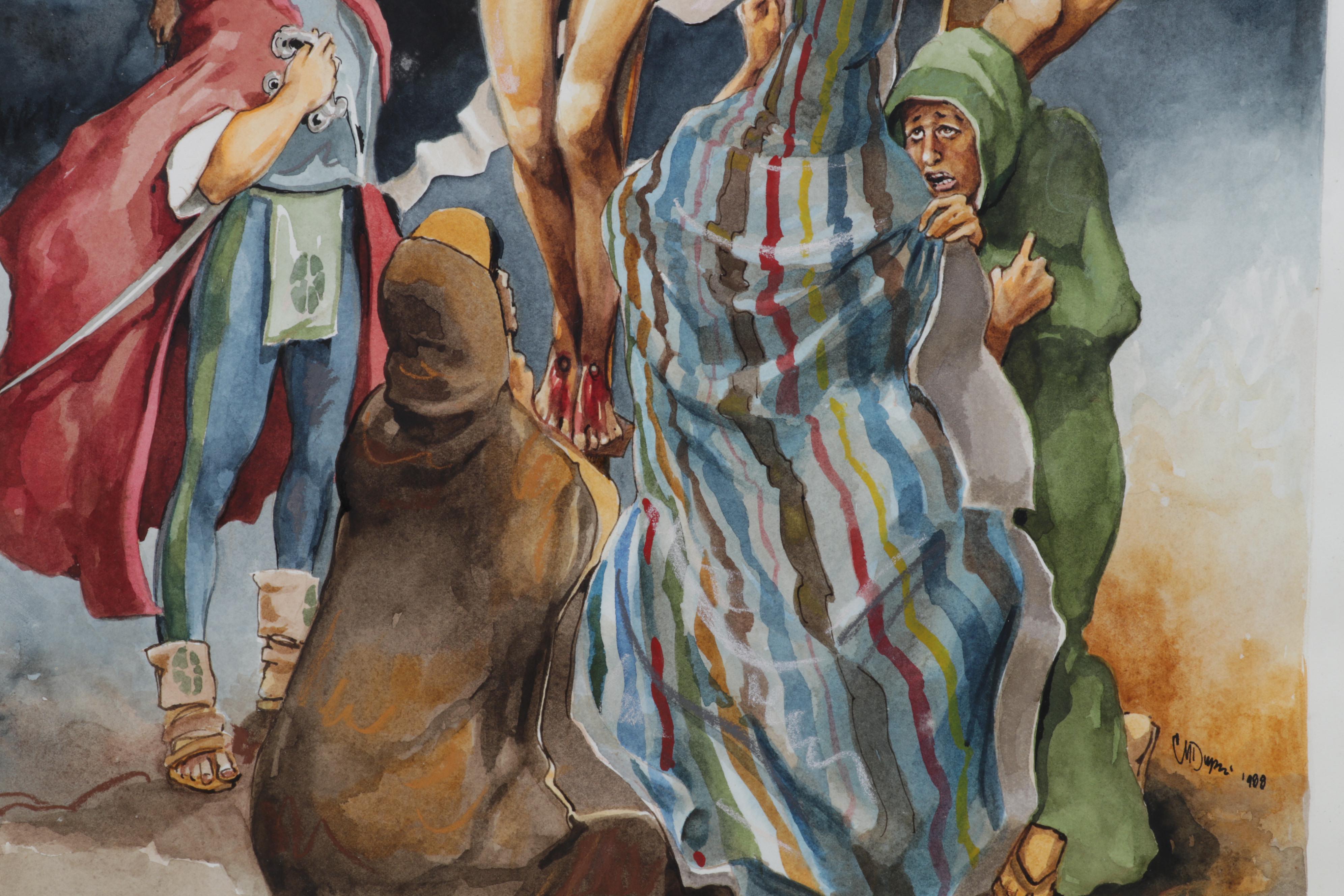 C. M. Dupri Watercolor Painting of Jesus's Crucifixion, 1988