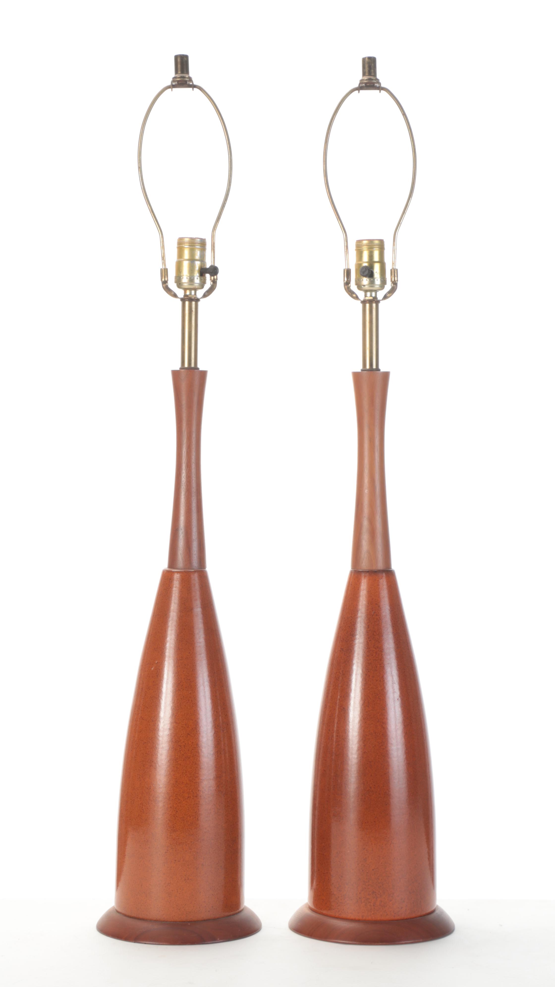 Pair of MCM Style Wood and Ceramic Table Lamps With Drum Shades, Mid-20th C