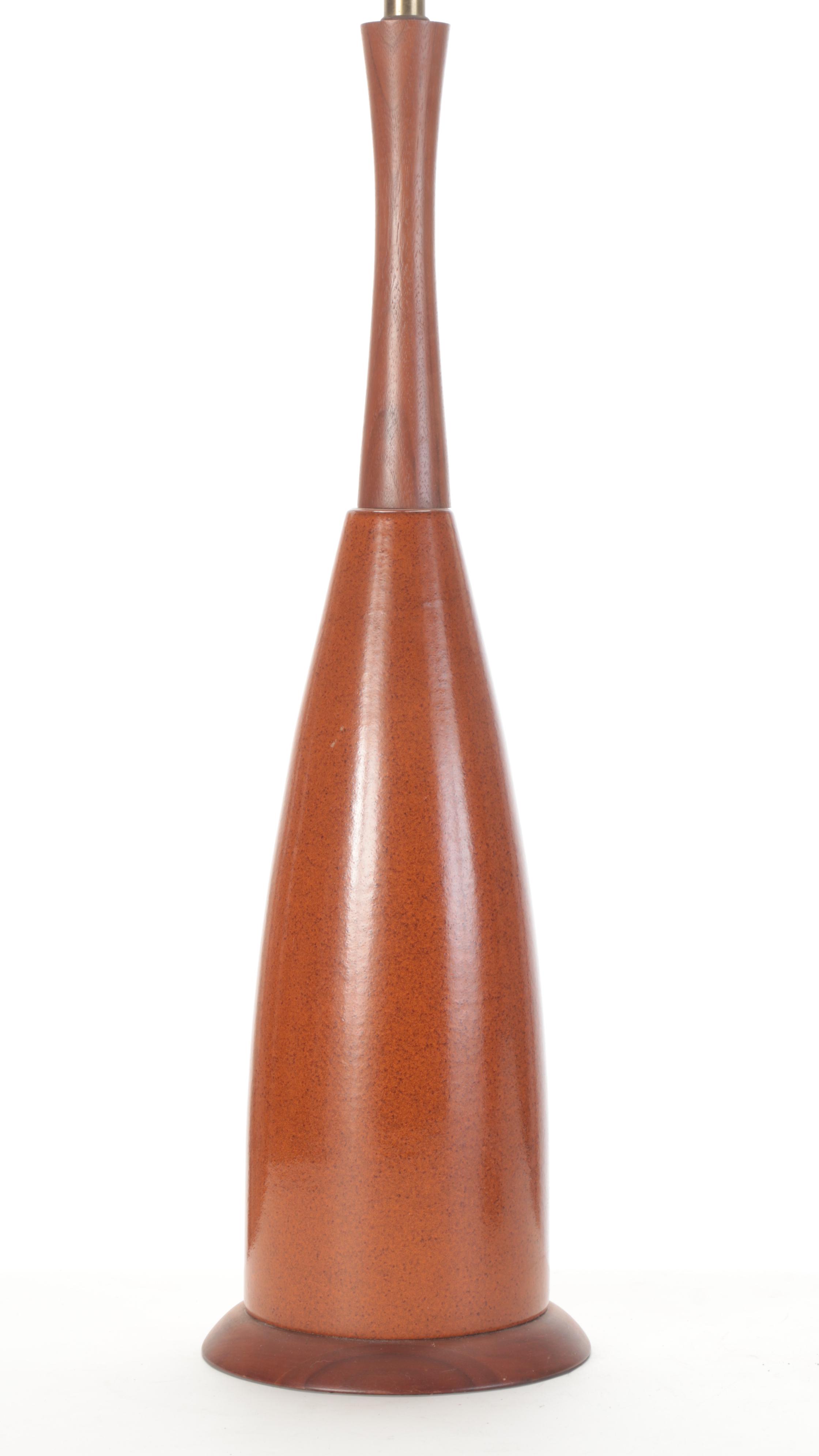 Pair of MCM Style Wood and Ceramic Table Lamps With Drum Shades, Mid-20th C