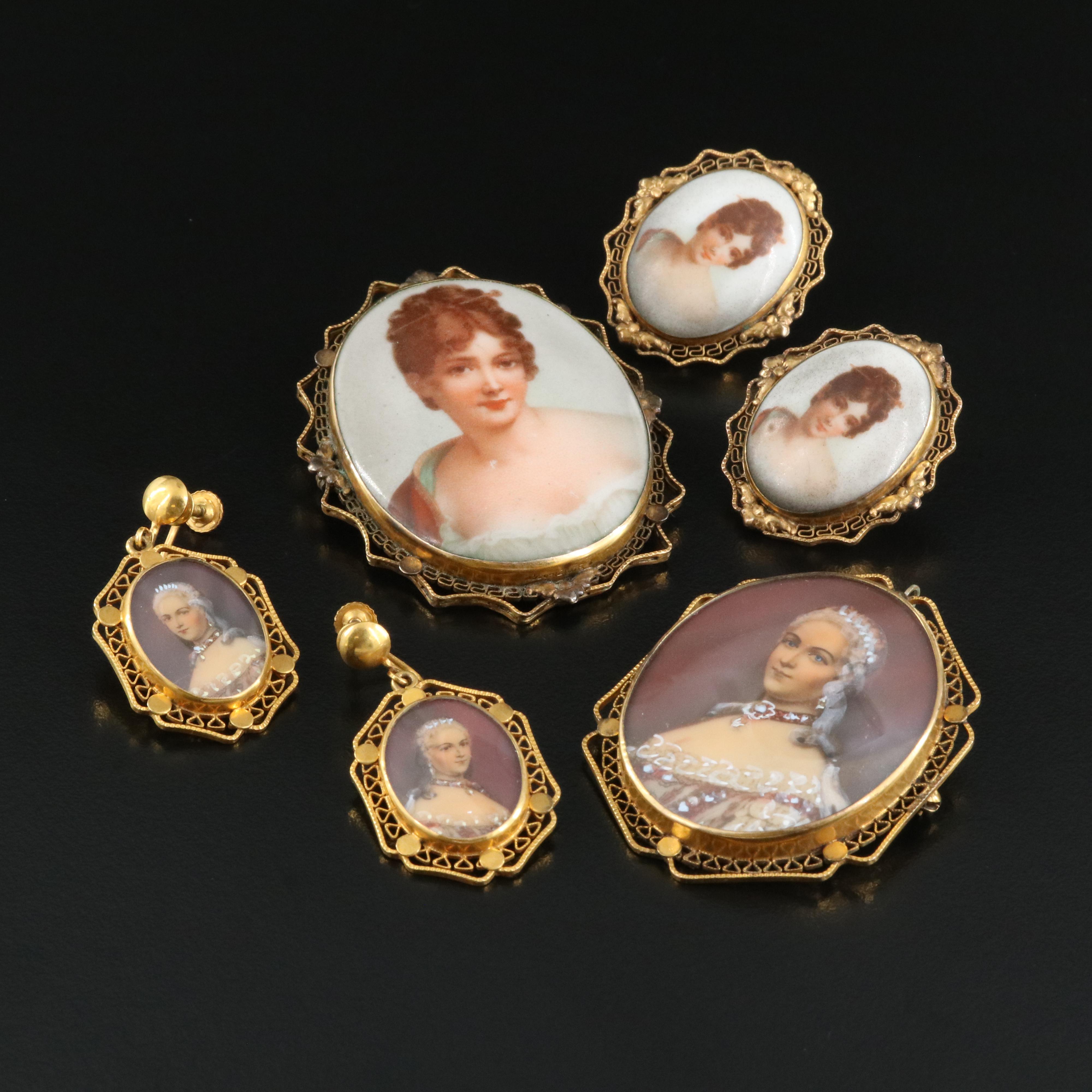Vintage Porcelain and Glass Converter Brooch and Earring Sets