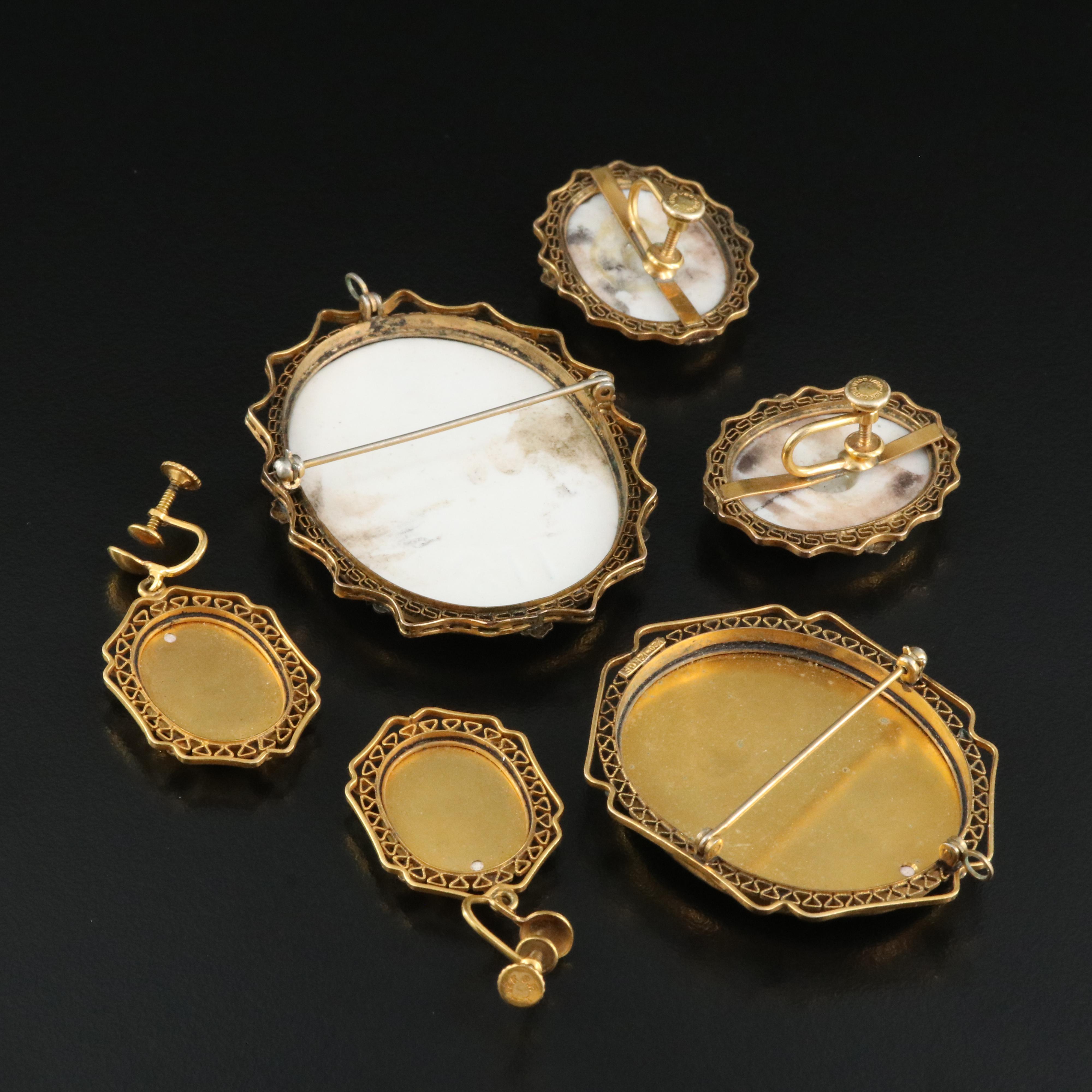 Vintage Porcelain and Glass Converter Brooch and Earring Sets