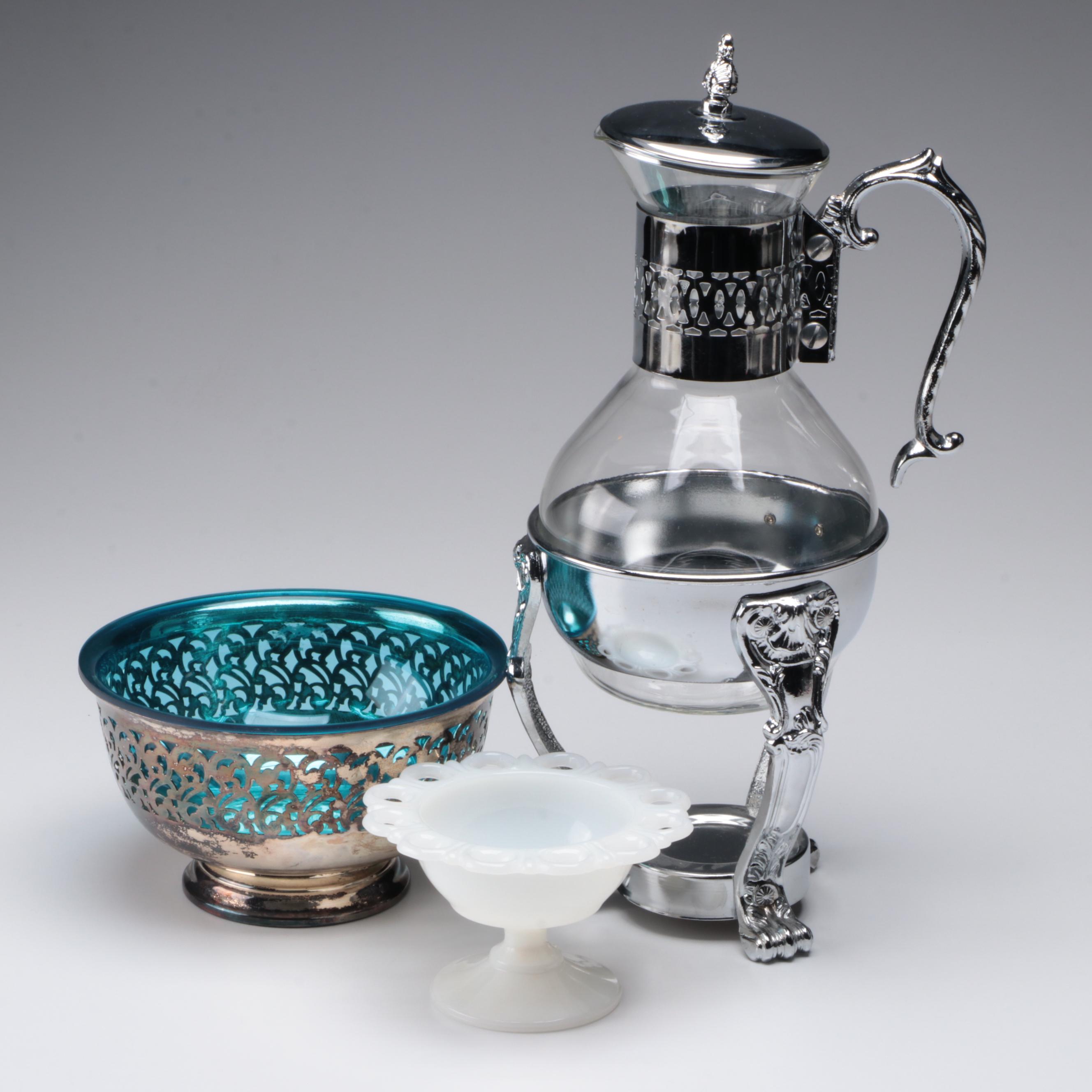 Anchor Hocking "Old Colony" Lace Edge Milk Glass Compote with Other Tableware