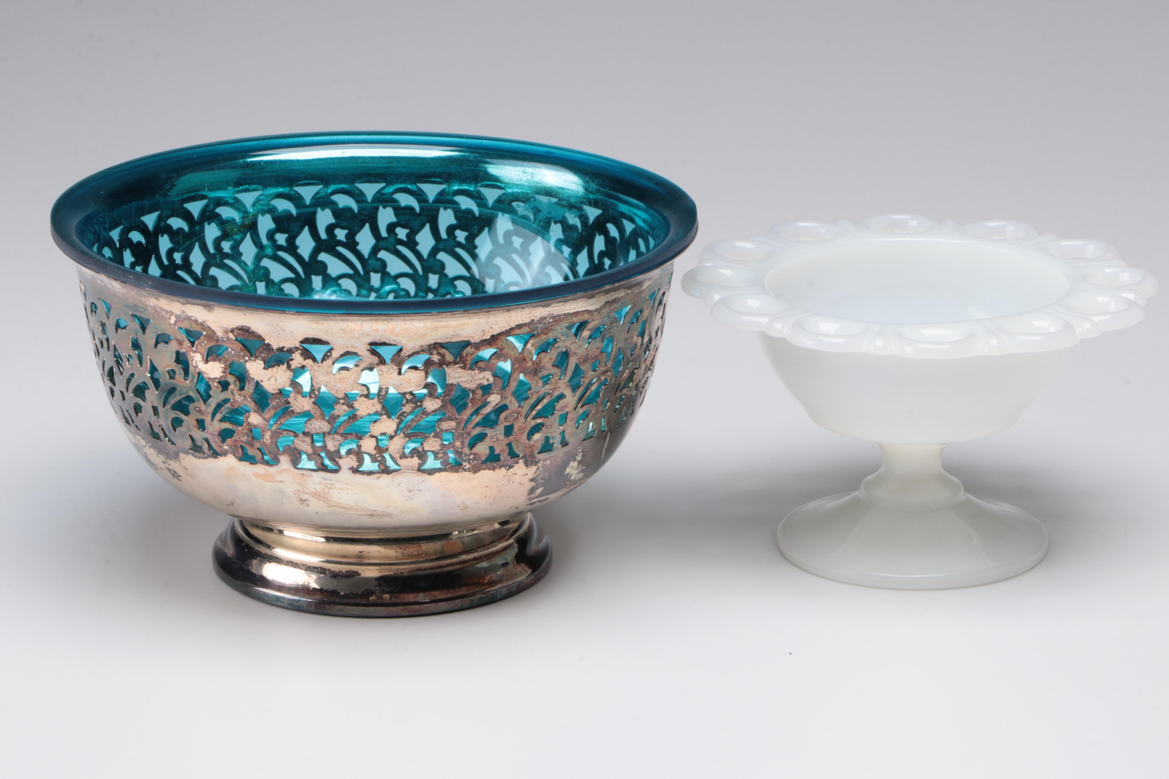 Anchor Hocking "Old Colony" Lace Edge Milk Glass Compote with Other Tableware