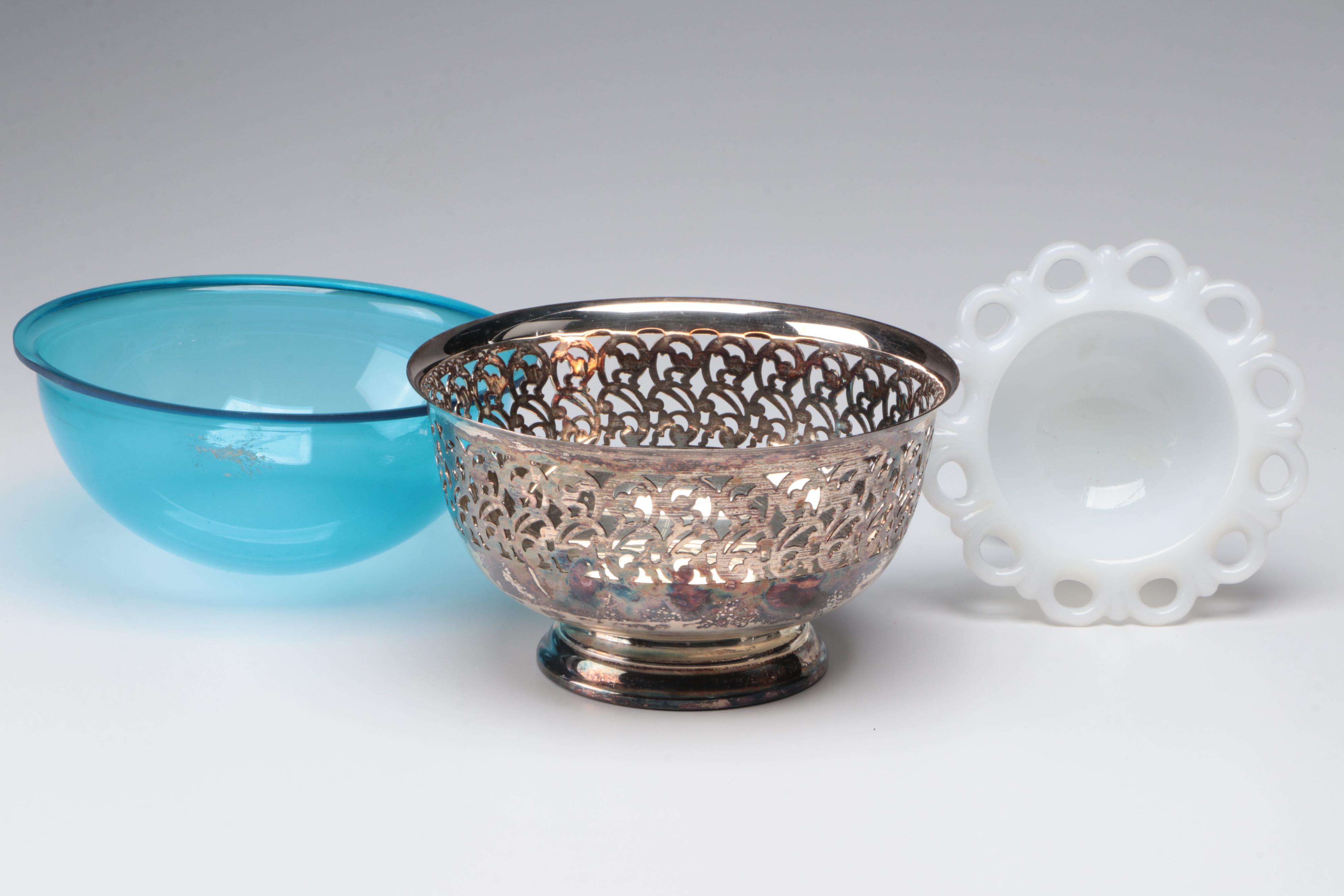 Anchor Hocking "Old Colony" Lace Edge Milk Glass Compote with Other Tableware